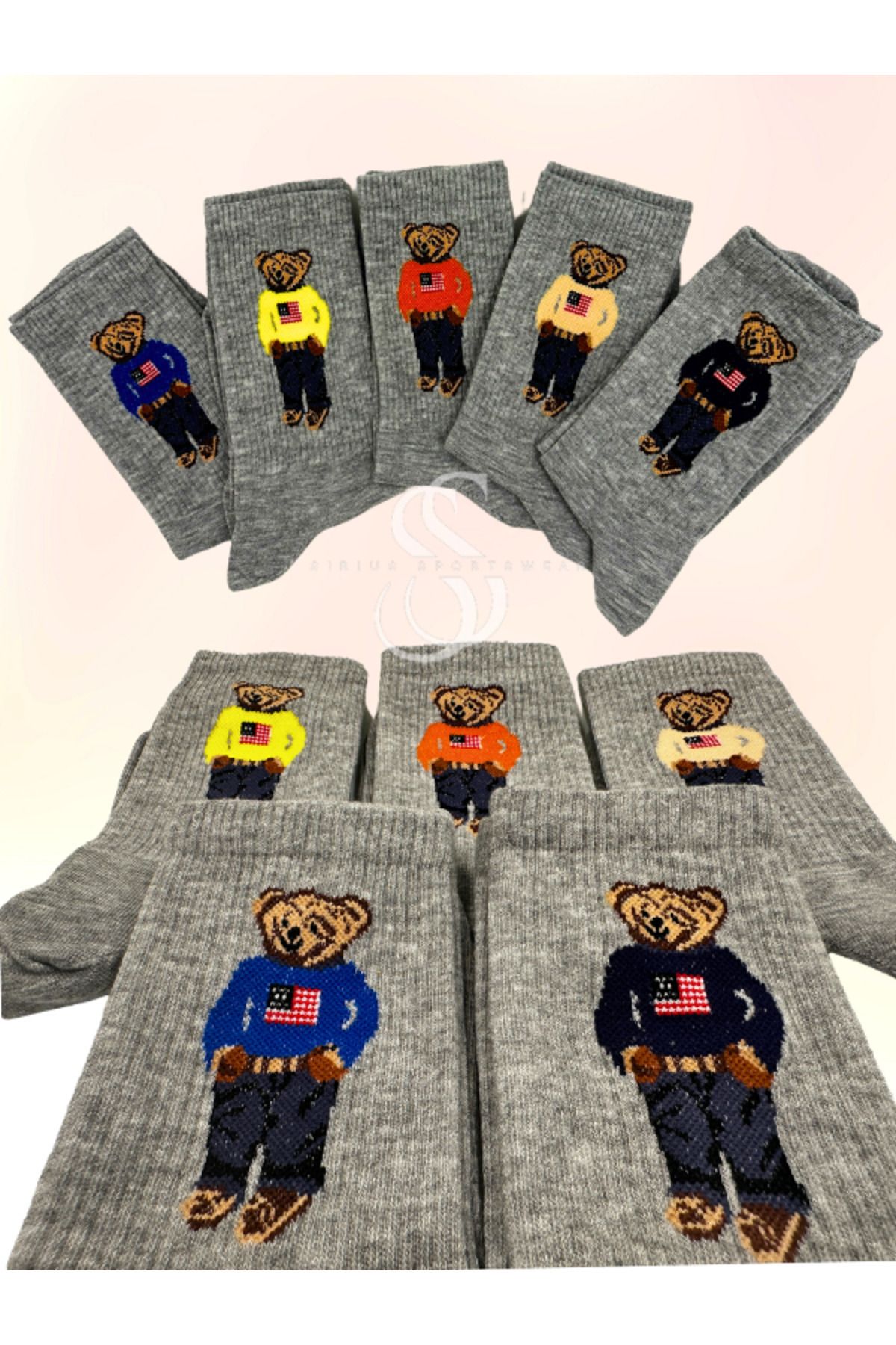 Sirius Sportswear 5'li Orijinal İthal Ayı Desenli Gri Renkli Teddy Bear Bot Çorap Fitilli Moda Eğlenceli Çoraplar