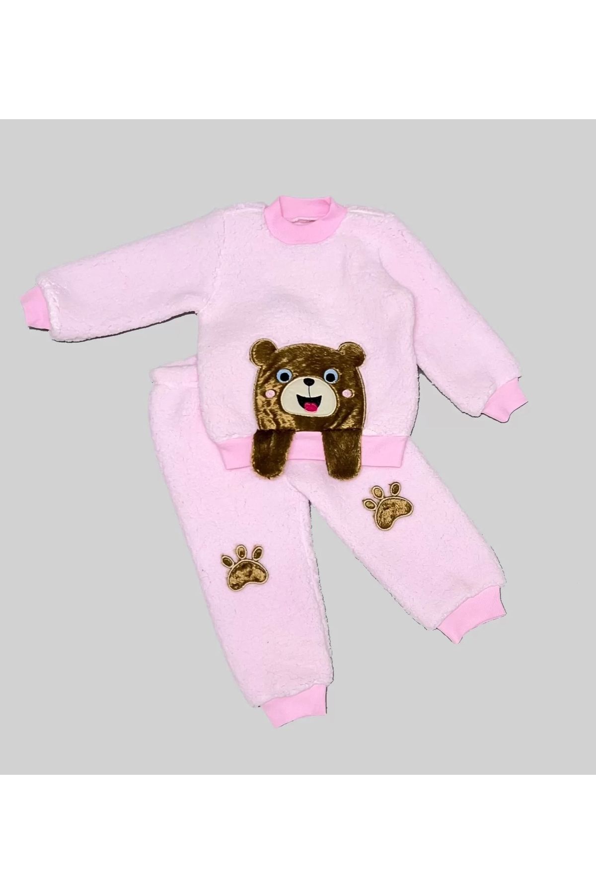 Miravm Sallanan El Ayıcıklı Kuzu Kumaş Sweat Patili Pantolon Uzun Kollu Kız Erkek 2 Li Takımı Pembe