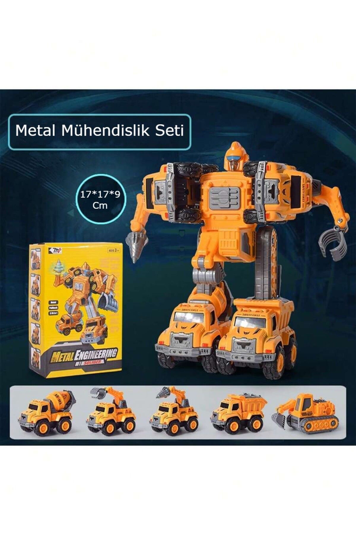 Brother Toys 5'li Metal Birleşince Robota Dönüşen İnşaat Makineleri Kepçe Dozer Vinç Kamyon