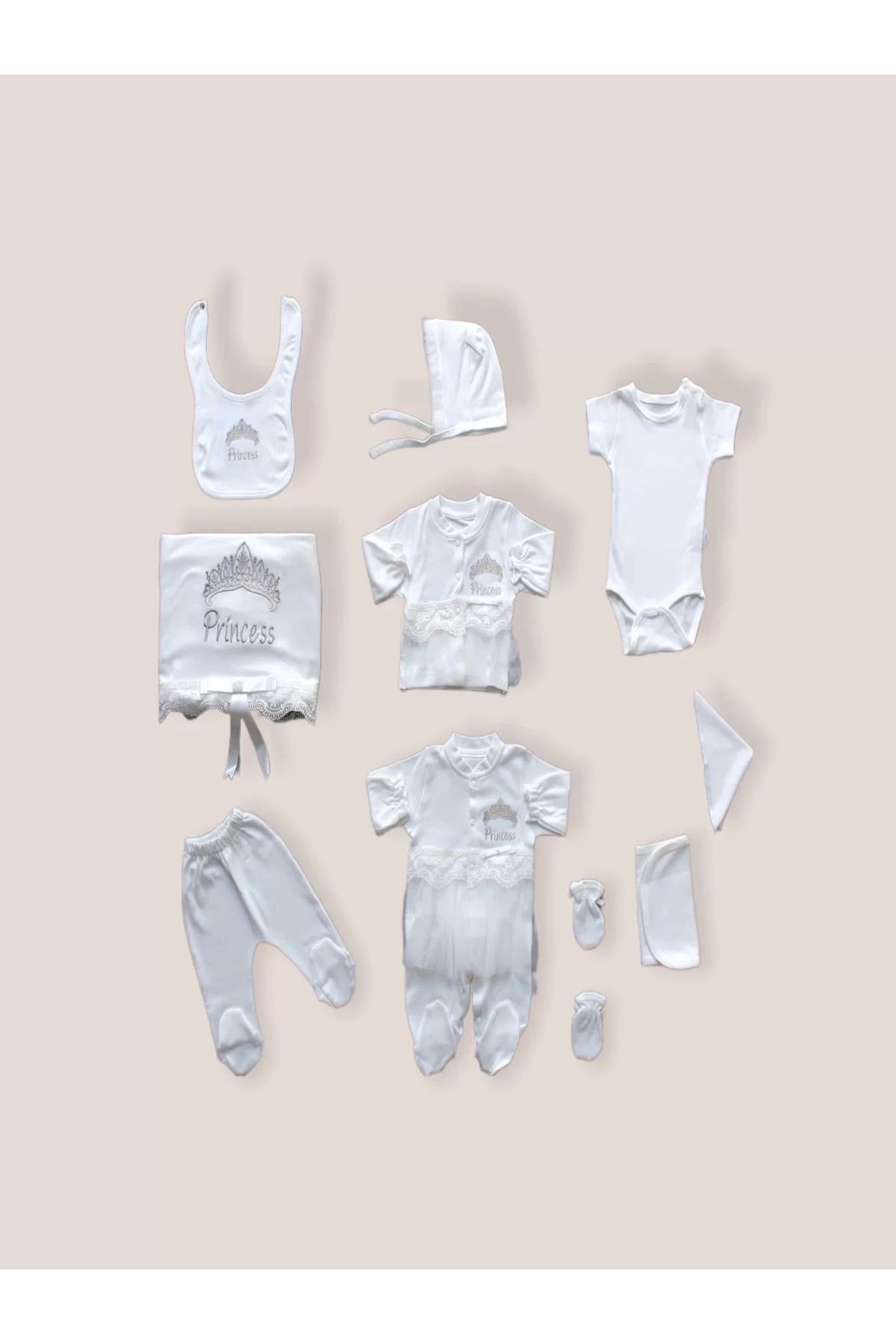 Miravm Taçlı Prensesim Nakışlı %100 Cotton Antibakteriyel 10lu Zıbın Takımı Hastane Çıkışı Ekru