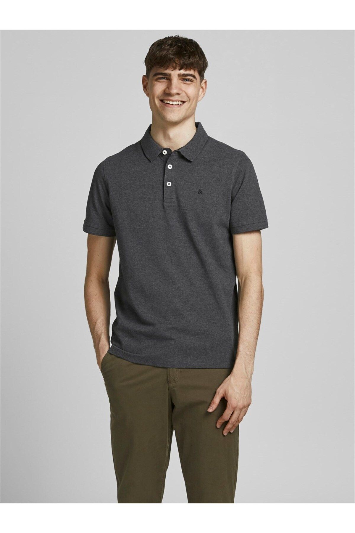 تی شرت یقه پولو خاکستری مردانه اورجینال Jack Jones Jack & Jones