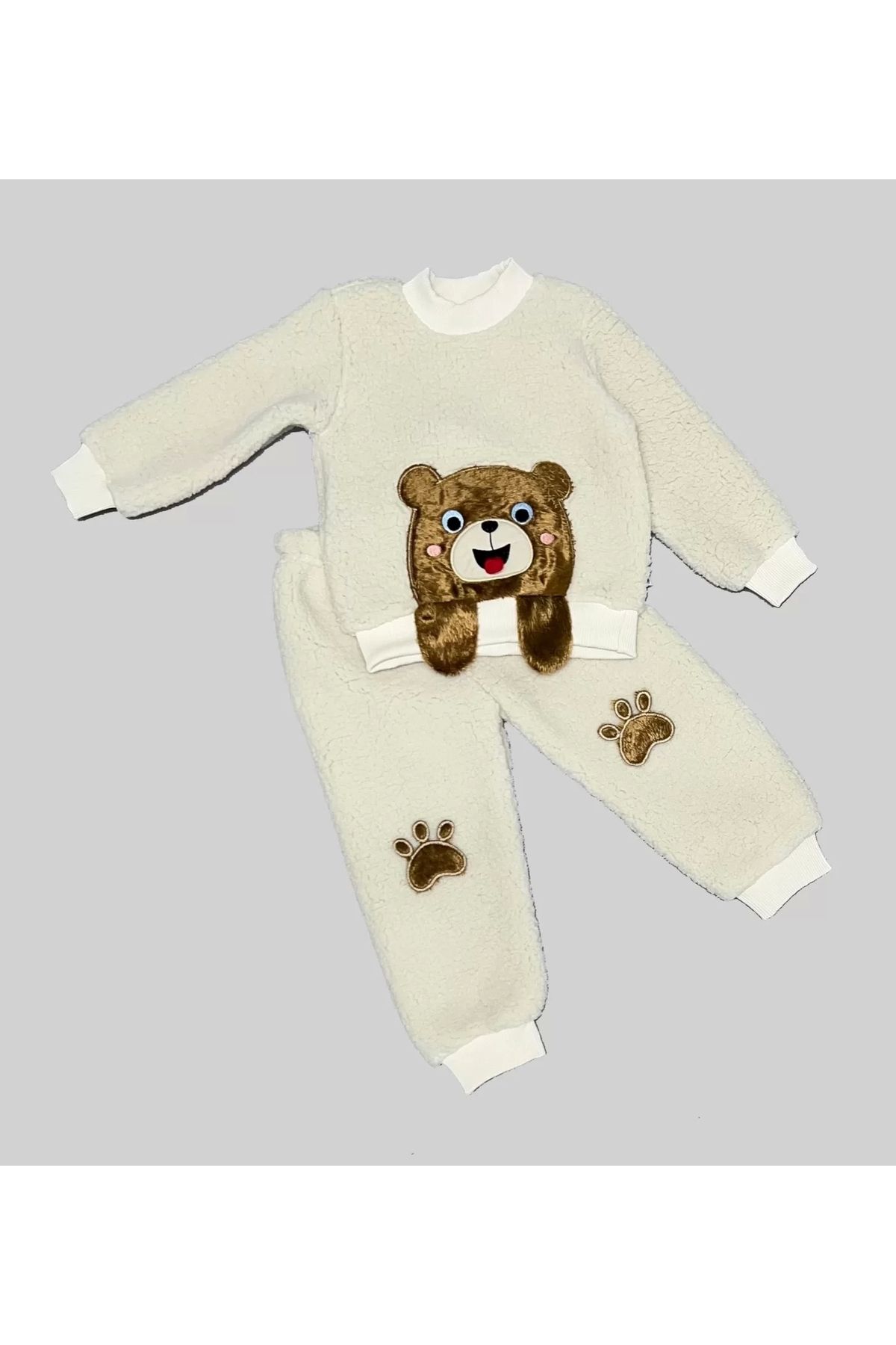 Miravm Sallanan El Ayıcıklı Kuzu Kumaş Sweat Patili Pantolon Uzun Kollu Kız Erkek 2 Li Takımı Bej