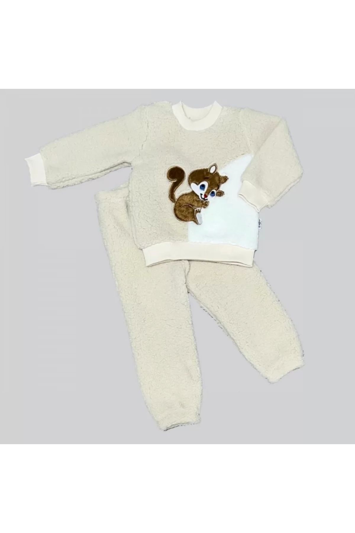 Miravm Masum Yavru Sincap Nakışlı Kuzu Kumaş Sweat Pantolon 2li Kız Erkek Bebek Takımı Bej
