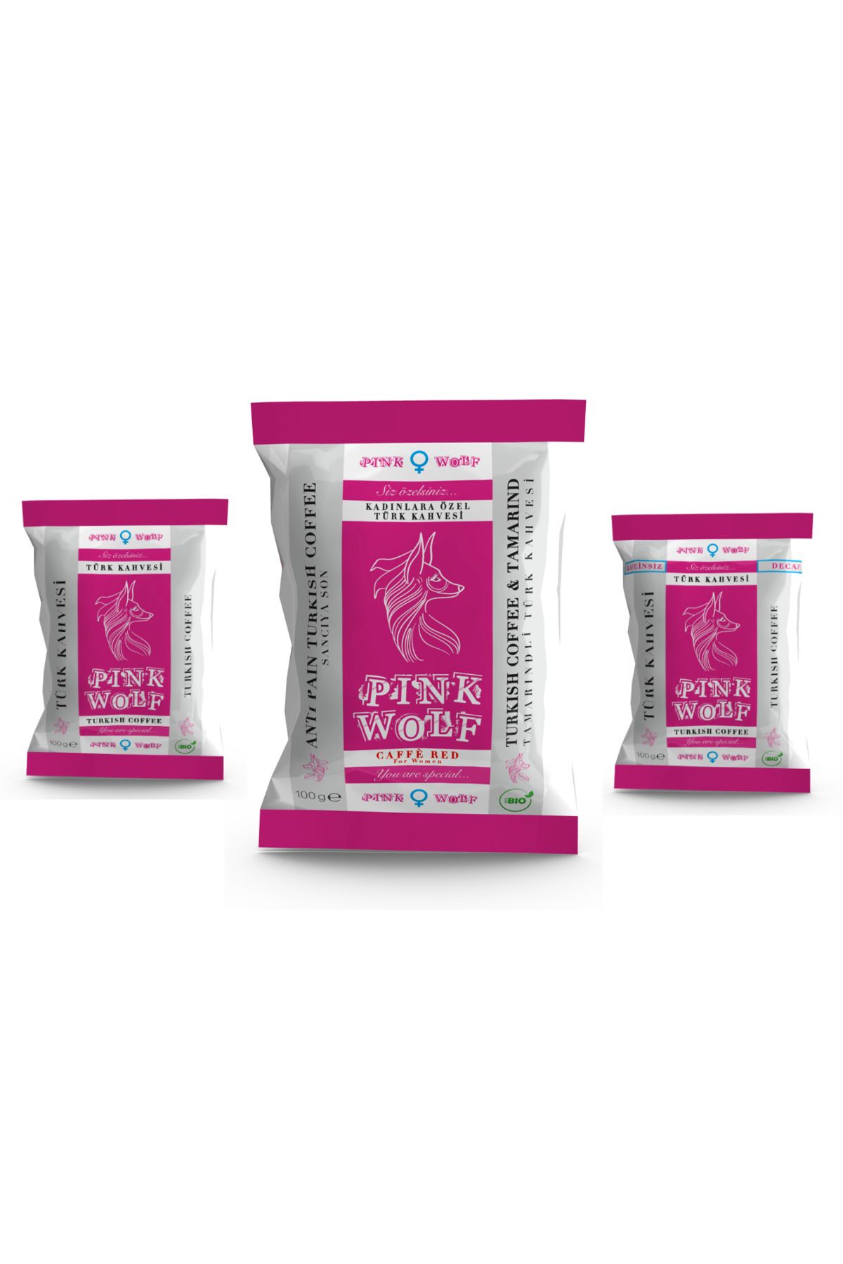 Pink Wolf KADINLARA ÖZEL 3'LÜ KAHVE SETİ / 100 GR X 3 ADET (Coffee Red+Kafeinsiz Türk Kahvesi+Türk Kahvesi)