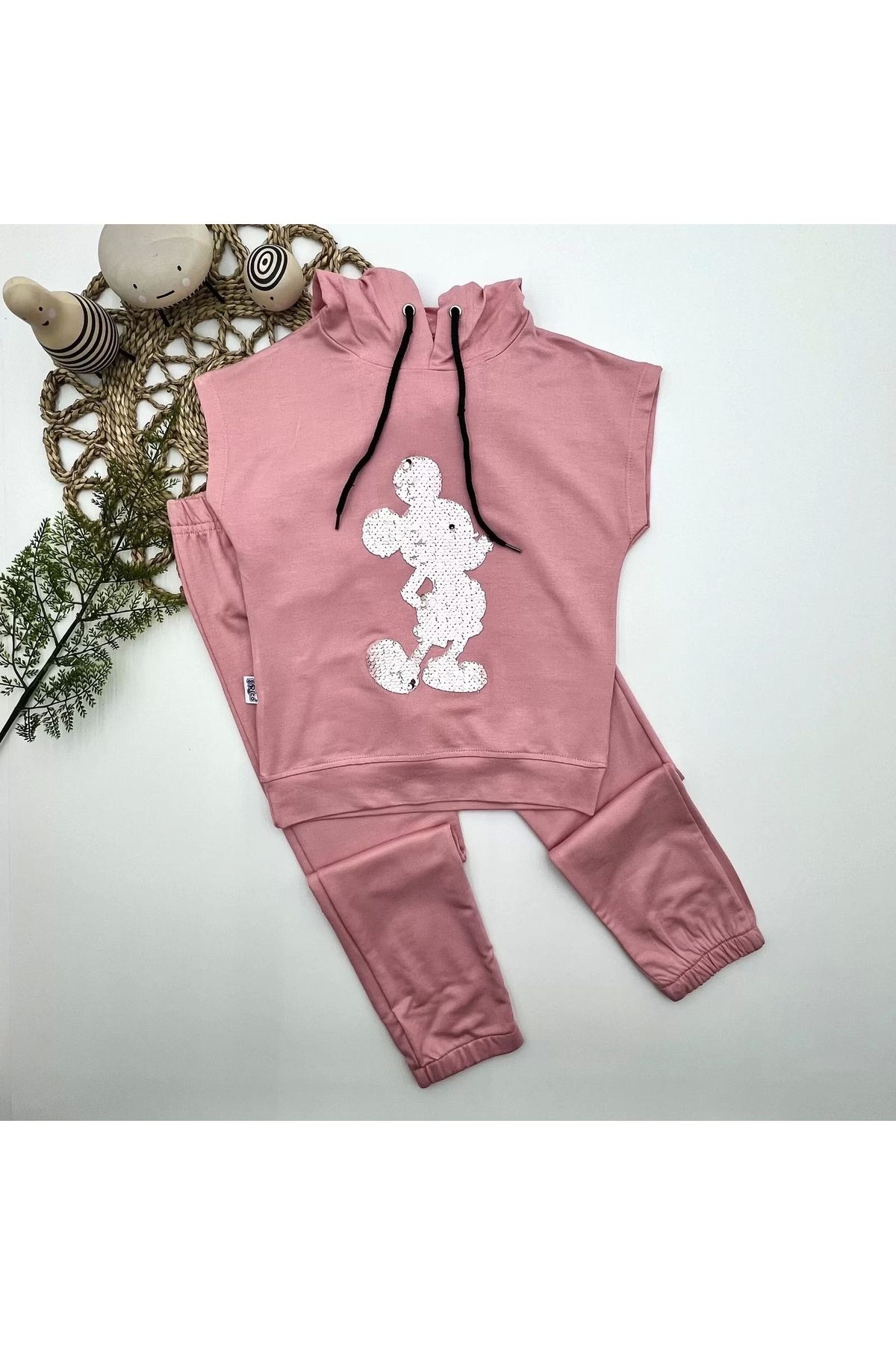 Miravm Kapşonlu Petli Mickey Desenli Kısa Kol 2li Kız Erkek Çocuk Takımı Gül Kurusu