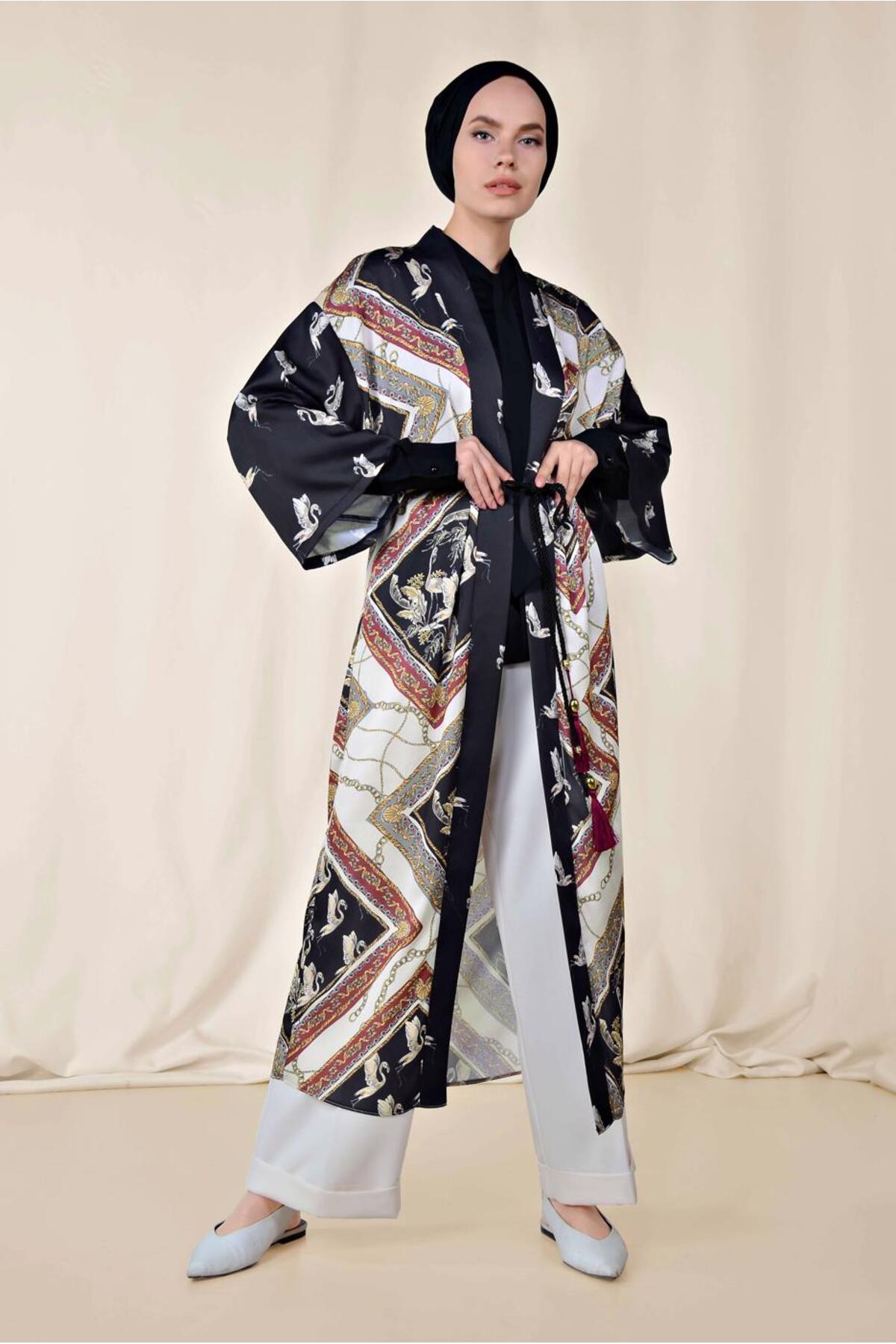 کیمونوی طرح‌دار کمربنددار زنانه خاکستری (GRAY-BRUDGE) کد ۴۰۸۹ TRENDTESETTÜR