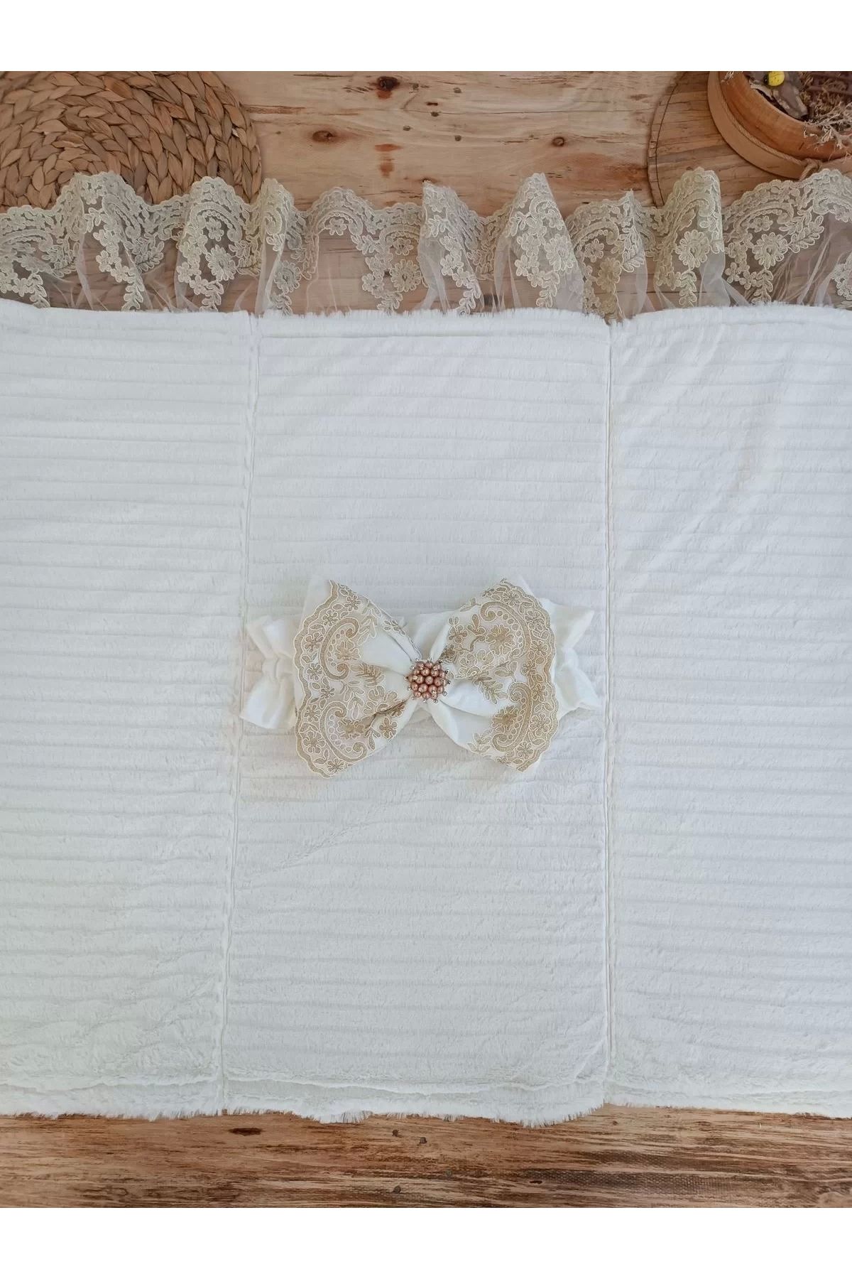 HayMed-White Wool Wool Fabric - Crown Embroidered Trilux Baby Blanket 5