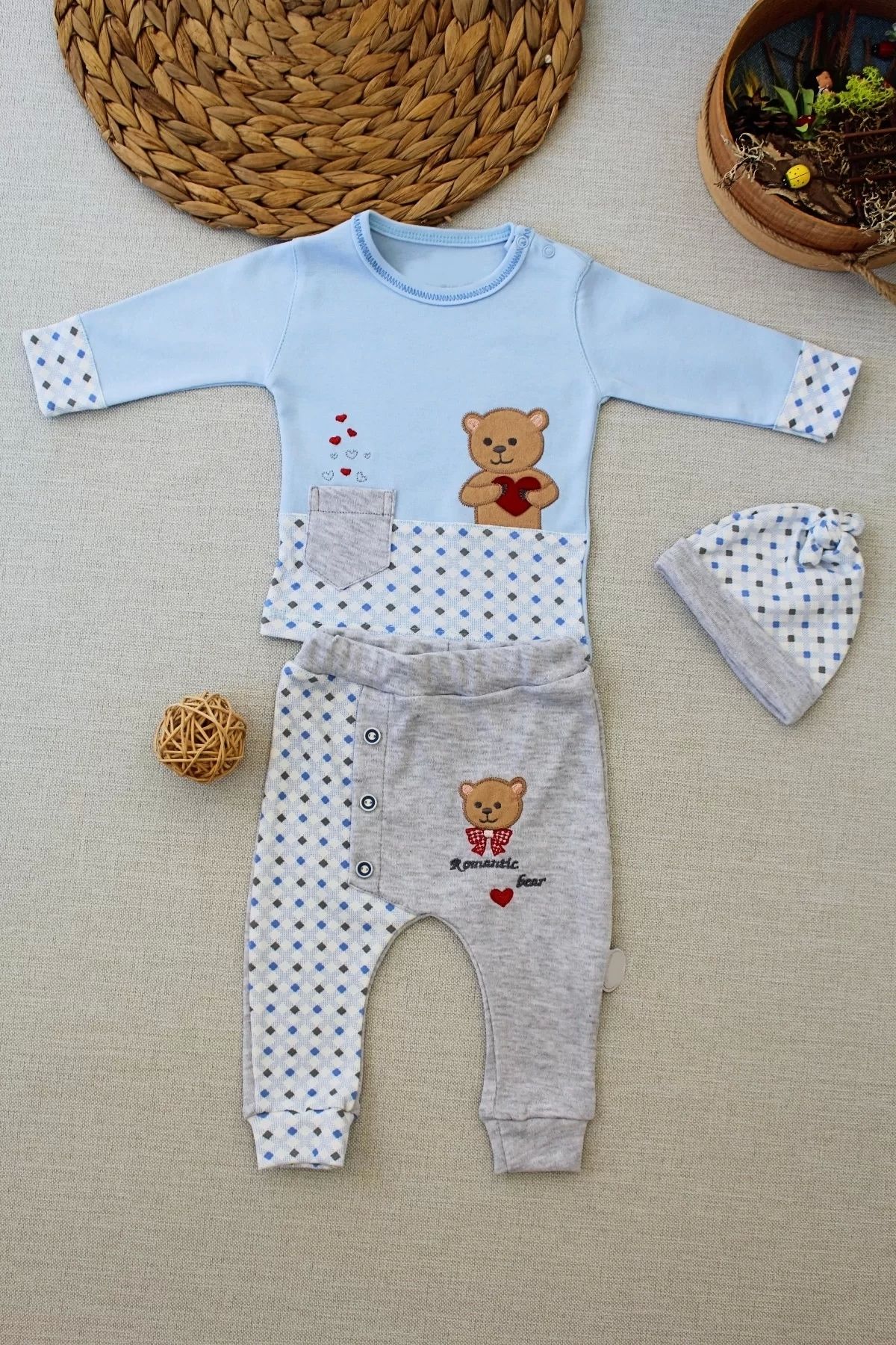 Miravm Romantik Ayıcık Nakışlı Şapkalı Uzun Kollu Sweatli 3lü Kız-erkek Bebek Takımı Mavi