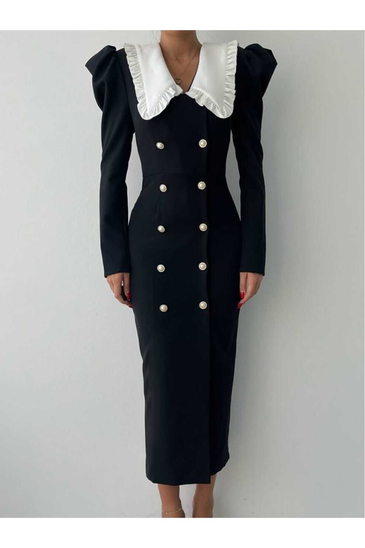 MODA DURAĞI Siyah Bebe Yaka Puantiyeli Düğme Detaylı Premium Uzun Elbise