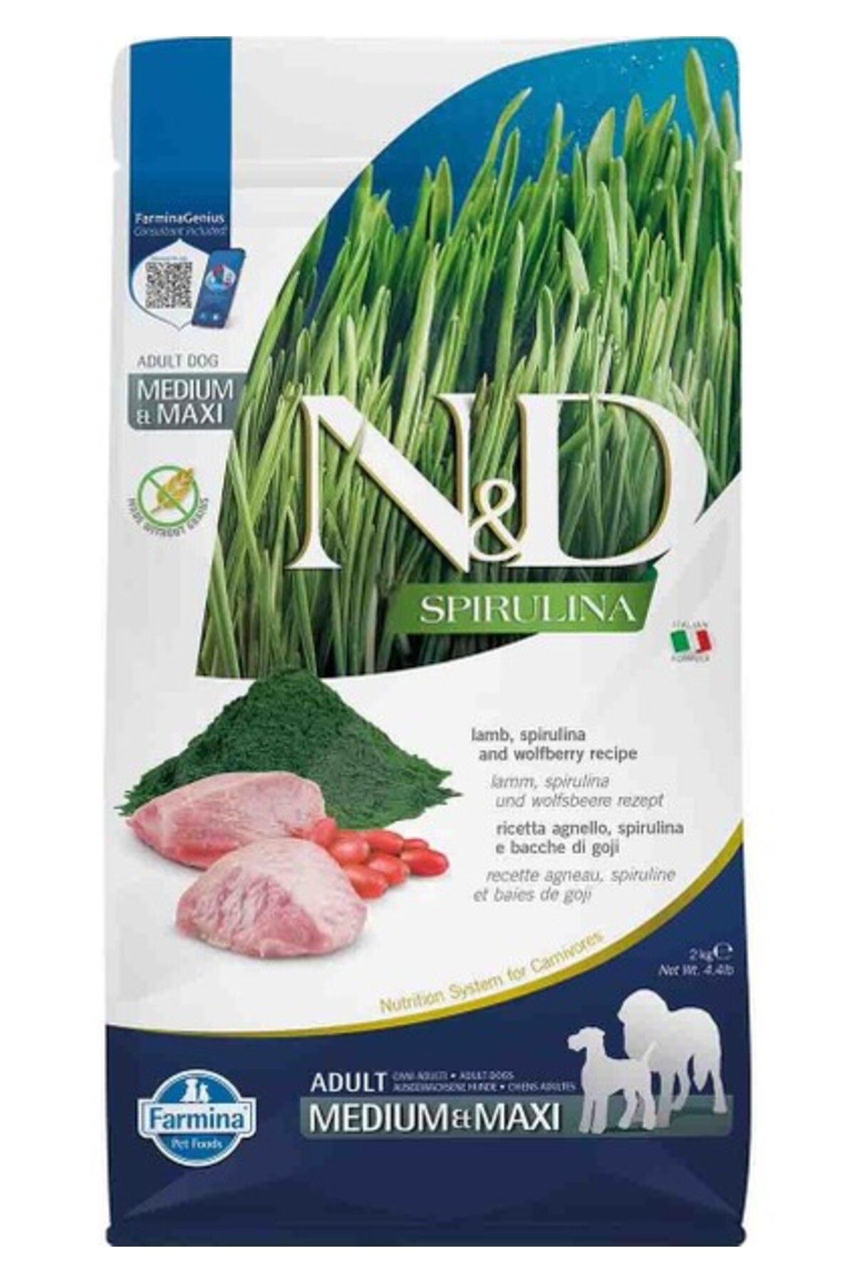 N&D Nd Spirulina Takviyeli Tahılsız Kuzulu Orta ve Büyük Irk Yetişkin Köpek Maması 2kg