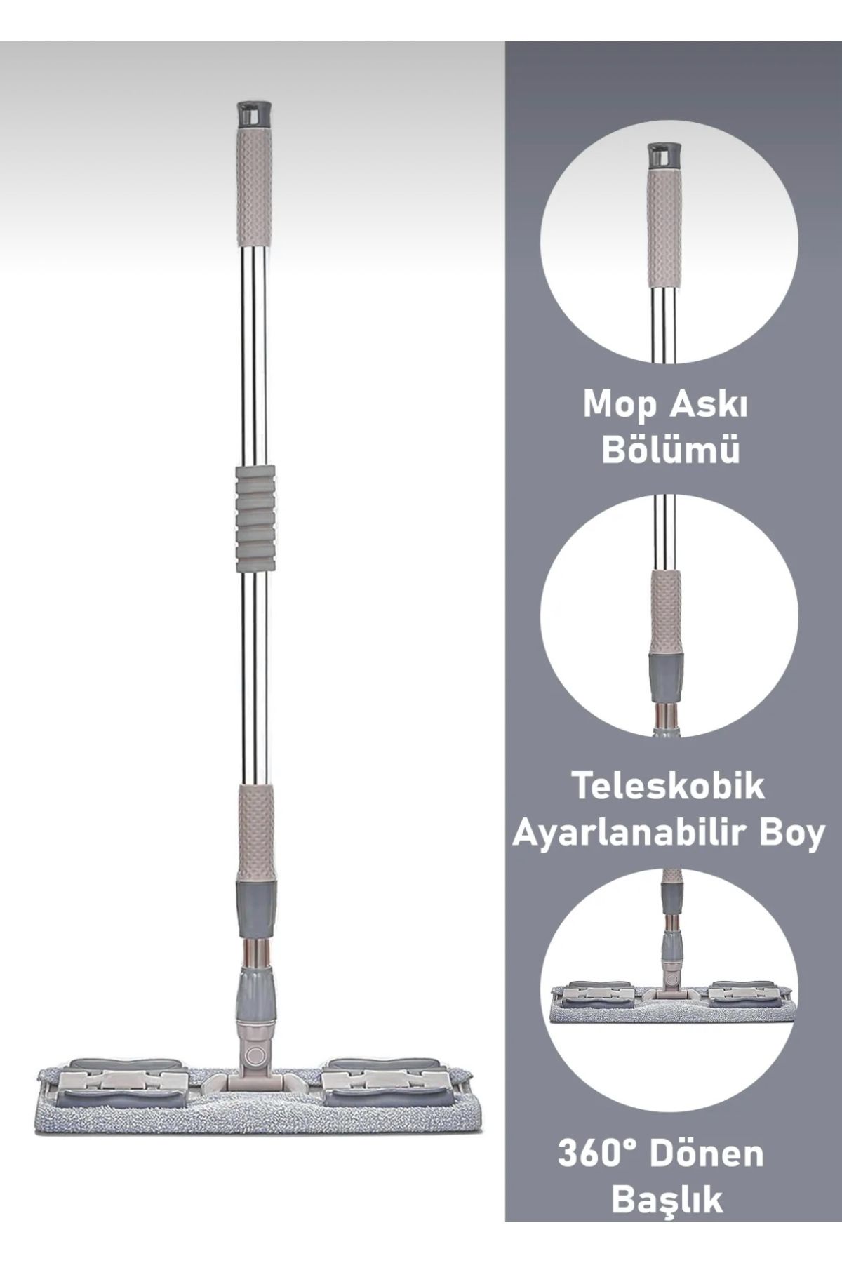 CEZVE HOME Gri Mandallı ve Kıskaçlı Istediğin Bezi Tak Yer Fayans Cam Duvar Yüzey Silme Mopu