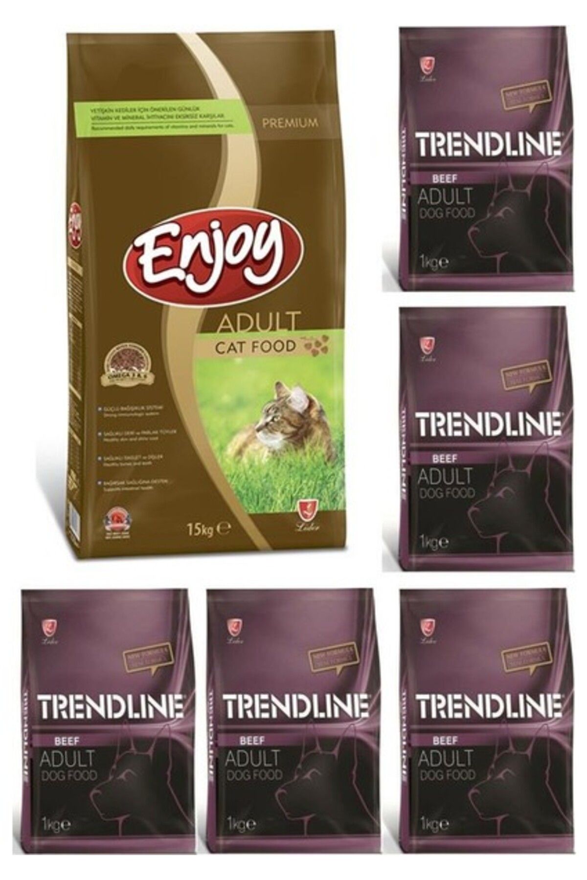 Enjoy Tavuklu Yetişkin Kedi Maması 15 Kg & Trendline Biftekli Yetişkin Köpek Maması 1 Kg X 5 Adet