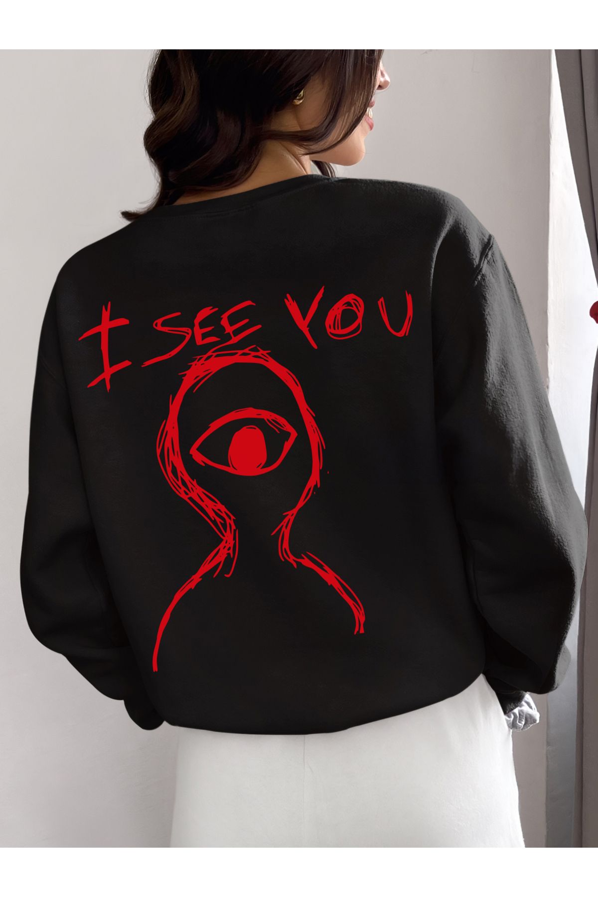 swOzz Unisex I See You Sweatshirt Bisiklet Yaka Siyah Kalın Puf Kumaş