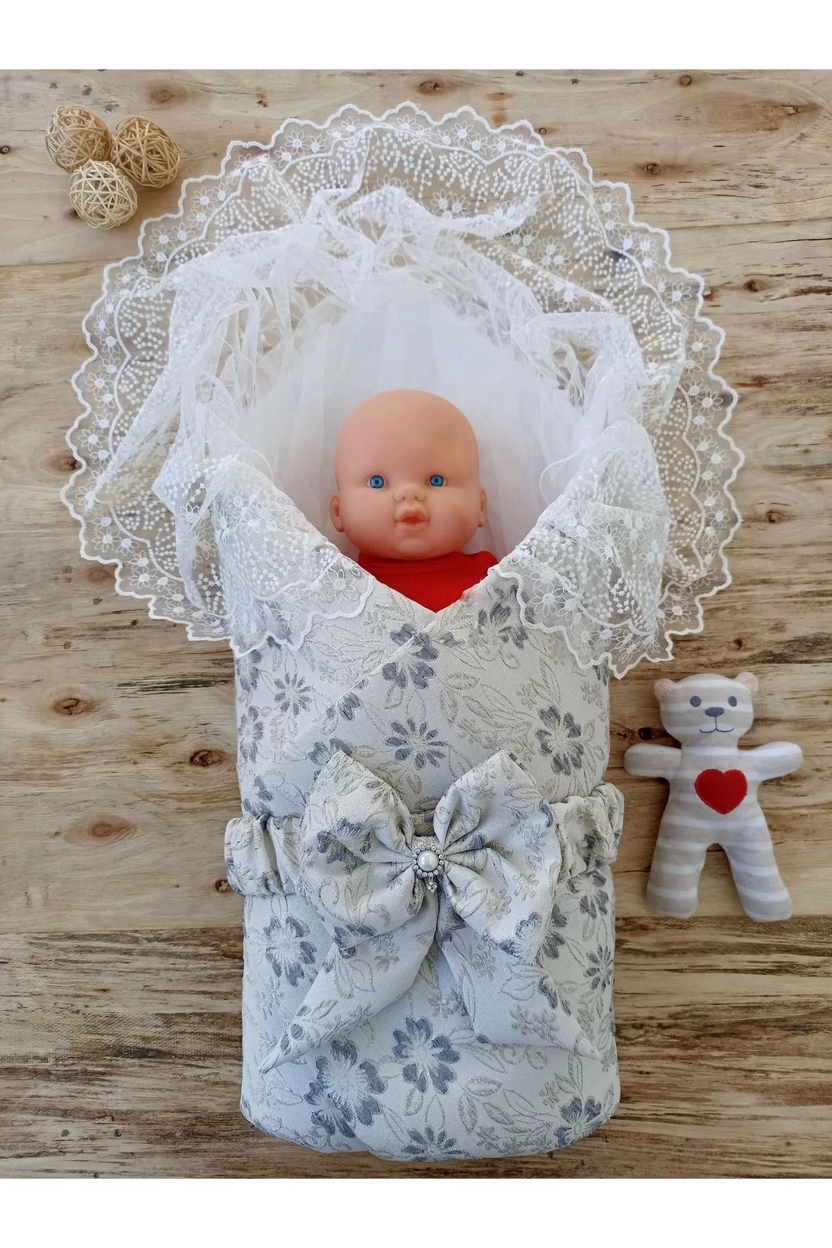 Miravm Yenidoğan Gül Sedefli Duvaklı Taş Fiyonk Erkek Bebek Kumru Kundak Bebek Battaniyesi Lacivert