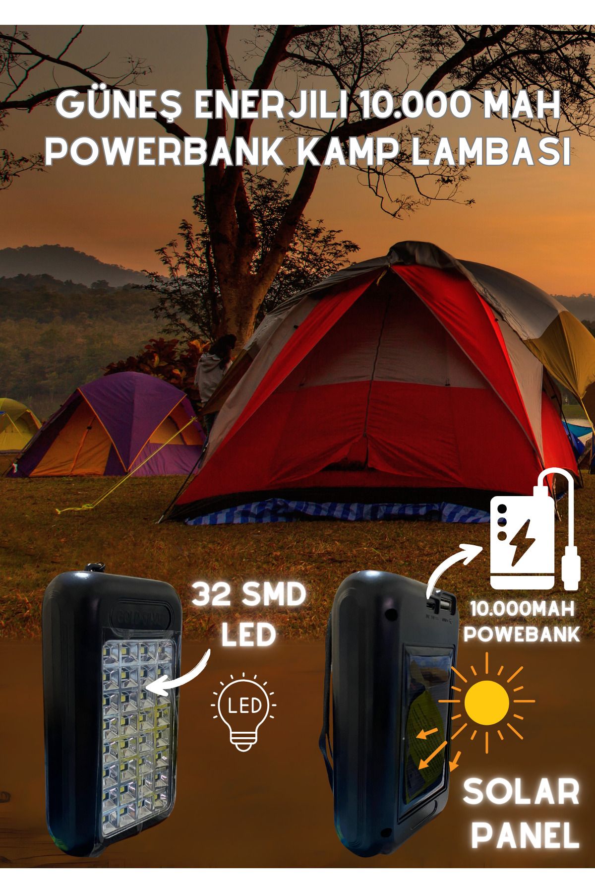 Voxify 10,000 mah Powerbank, Solar Kamp Lambası, 32 Ledli Su Geçirmez, HızlıŞarj