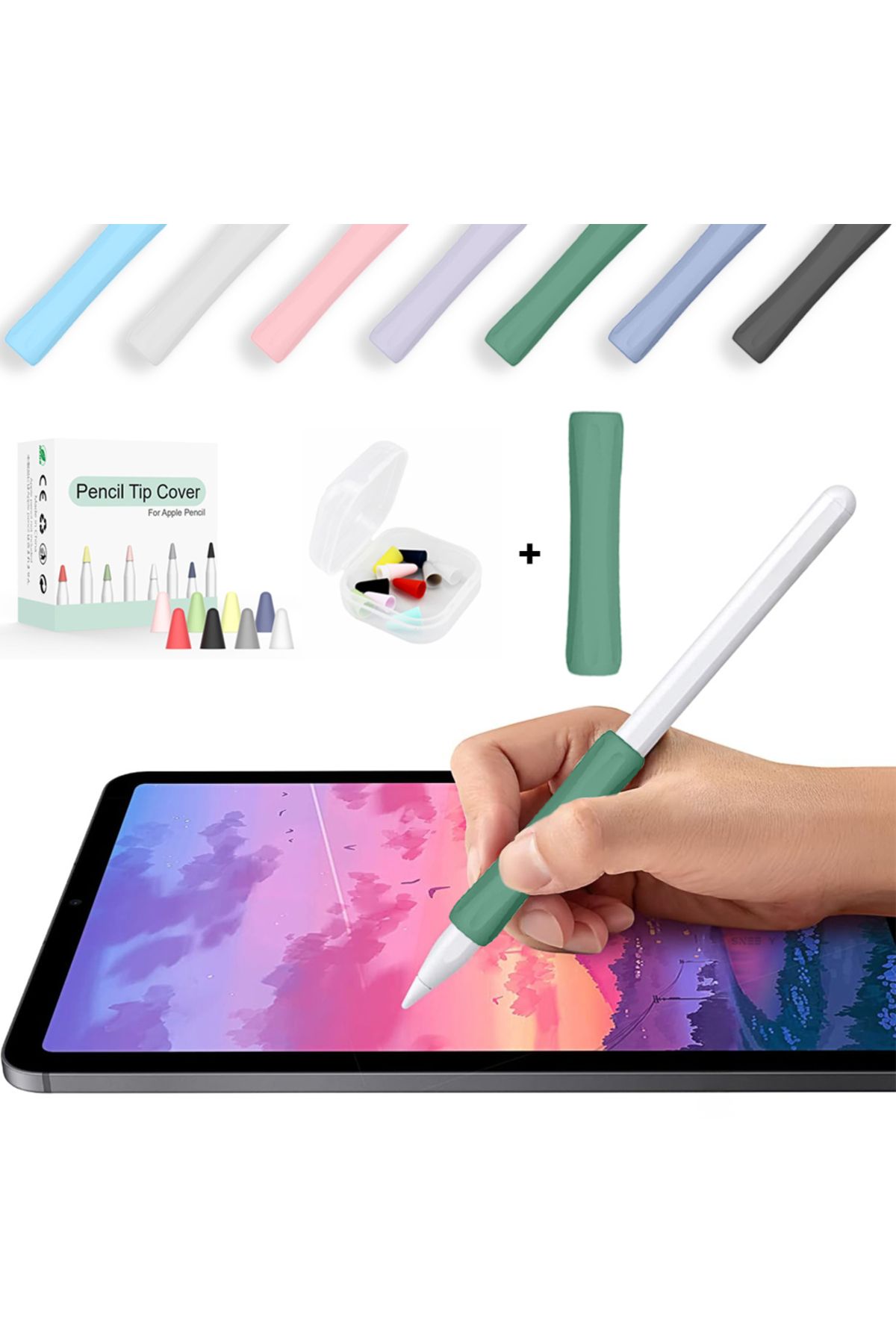 Sneezy Apple Pencil 1-2 Nesil Pro USB-C Uyumlu Soft Yumuşak Silikon Kalem Tutucu ve 8'li Kalem Ucu Koruyucu