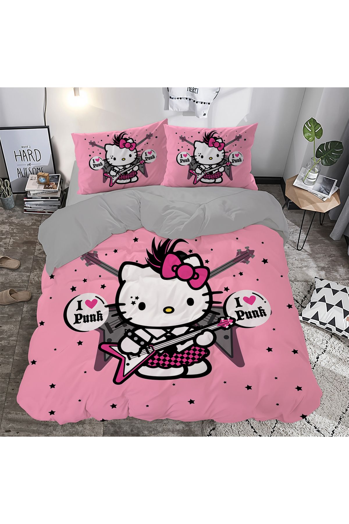 hediyechy GİFT DUVET COVER HELLO KTIY  YILDIZLI 3D BASKILI Tek Kişilik Nevresim Takımı