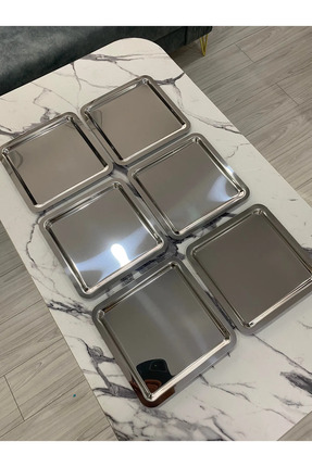 MGEStore 6'Lı Gümüş Kare Paslanmaz Çelik Çay, Kahve Dekoratif Sunum, Servis T...