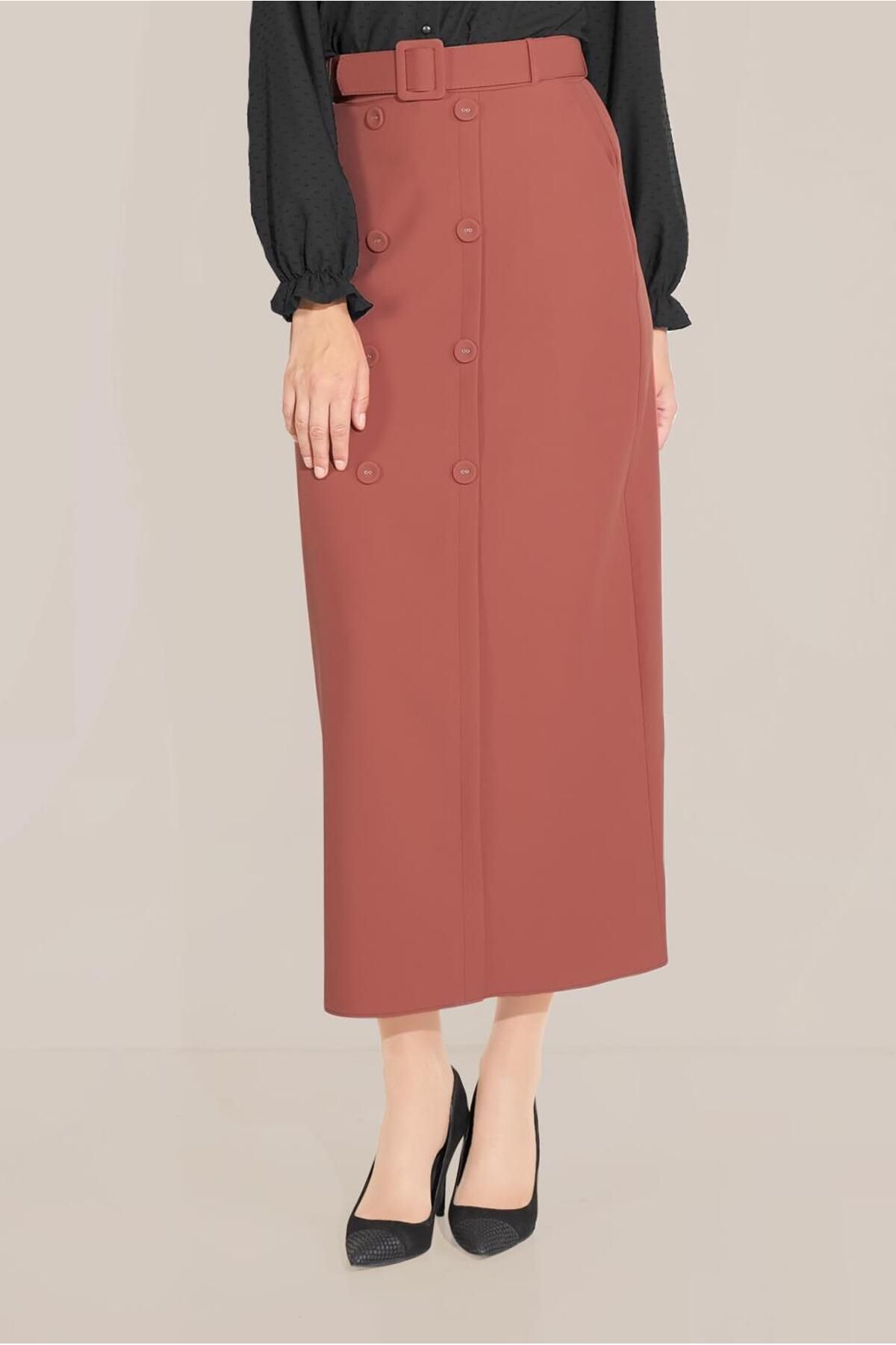 TRENDTESETTÜR-Coffee Women's Skirt - t 60090 with Button Detail and Pockets 4