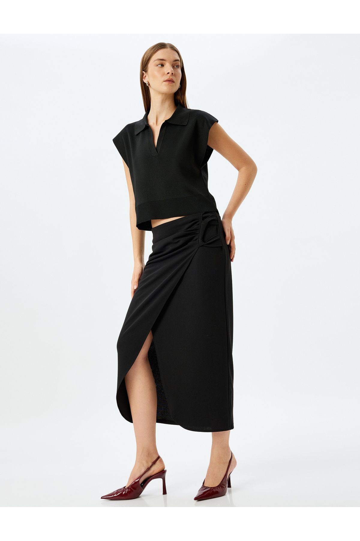 Koton Yeni Sezon Slim Fit Drapeli Midi Boy Asimetrik Kruvaze Etek
