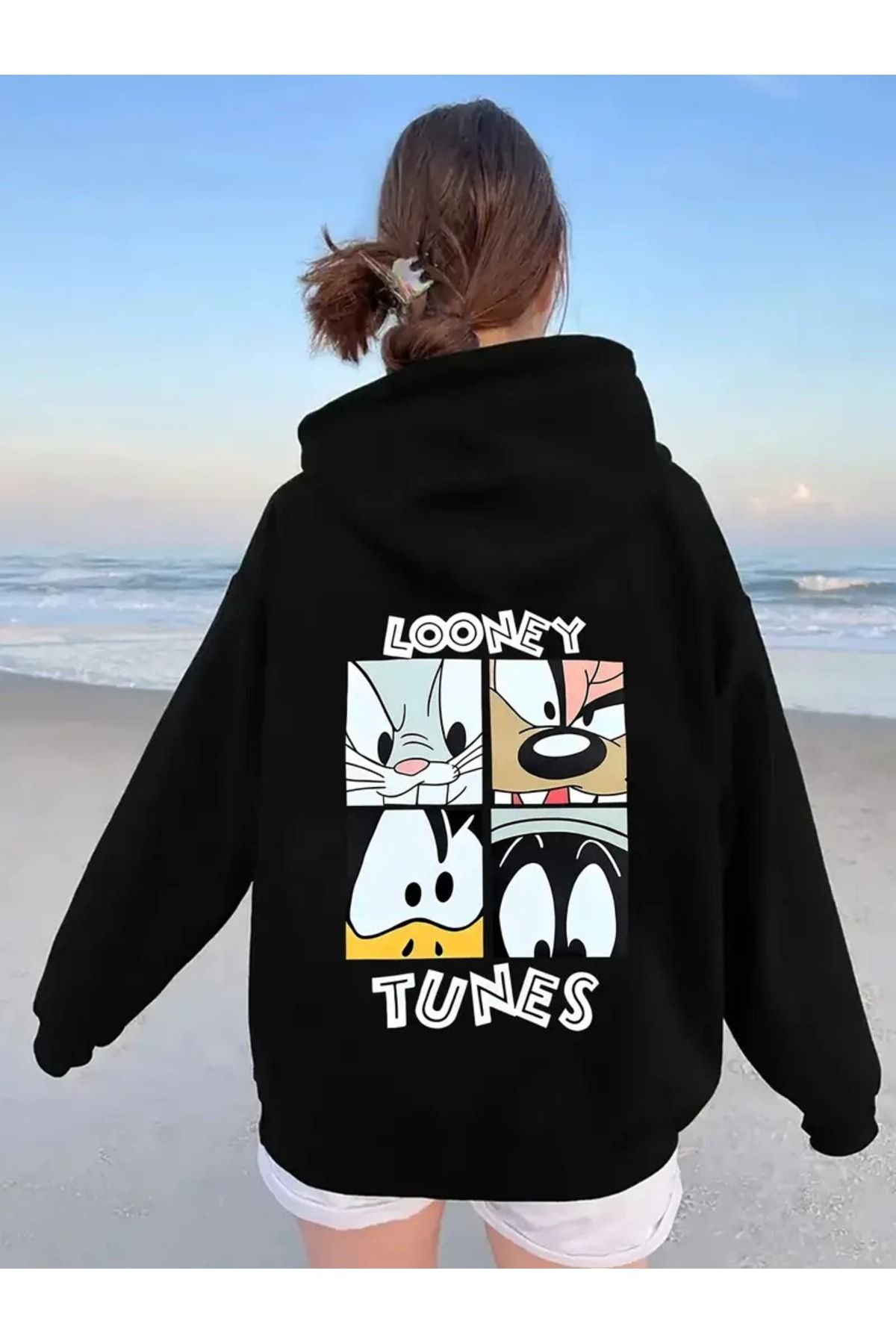 LAND MODA Unisex Siyah looney tunes Baskılı Sweatshirt