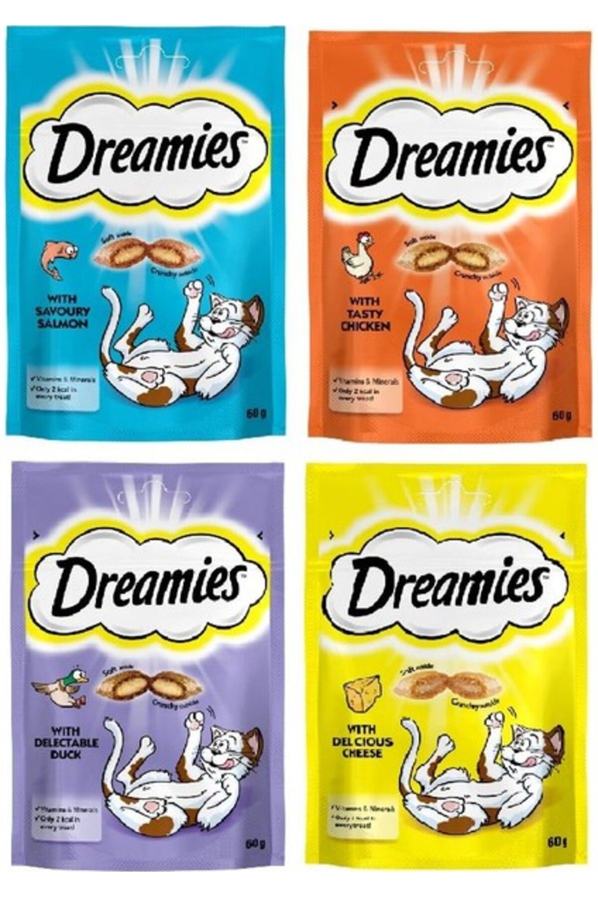 Orqinel Karışık Dreamies 4 Paket(Somon+Tavuk+Ördek+Peynir)Kedi Ödül(1 Paket 60 Gr)