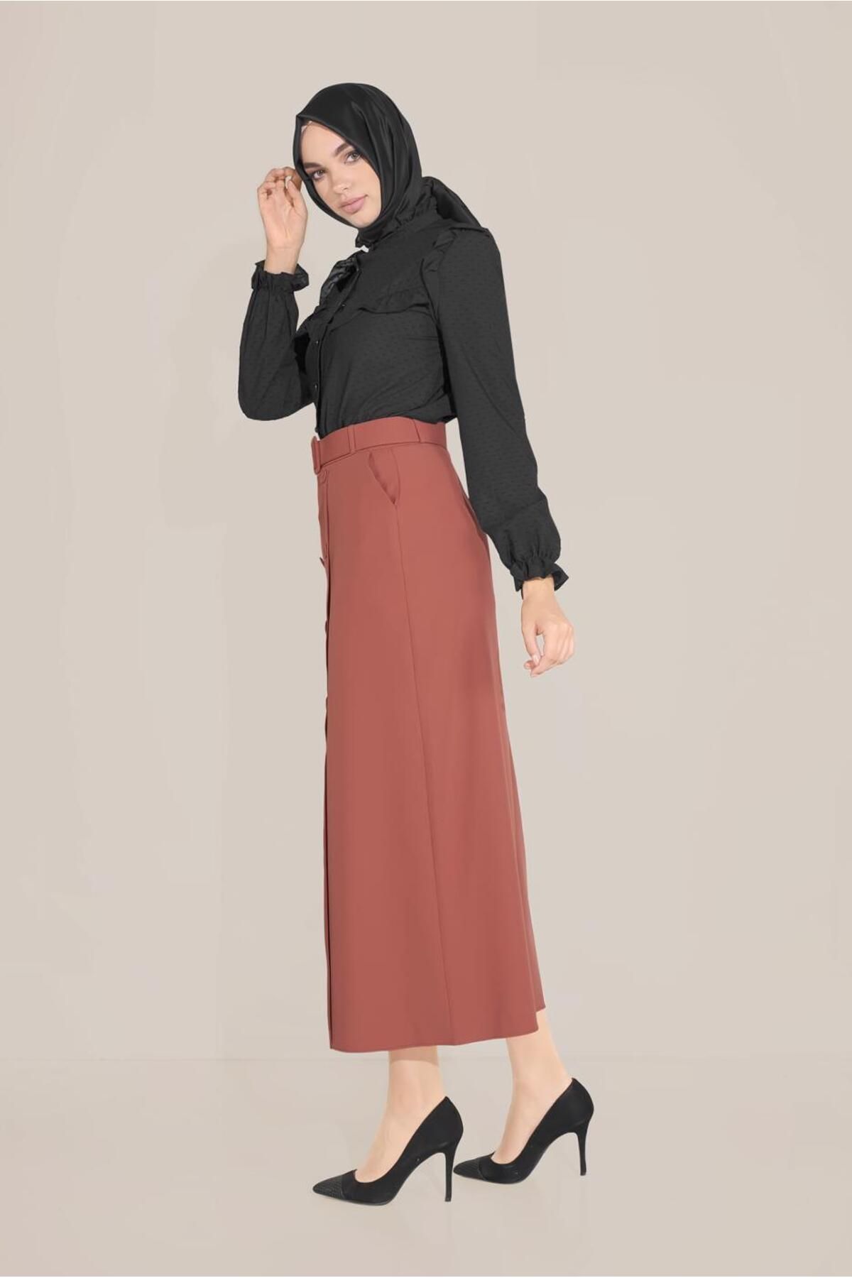 TRENDTESETTÜR-Coffee Women's Skirt - t 60090 with Button Detail and Pockets 2