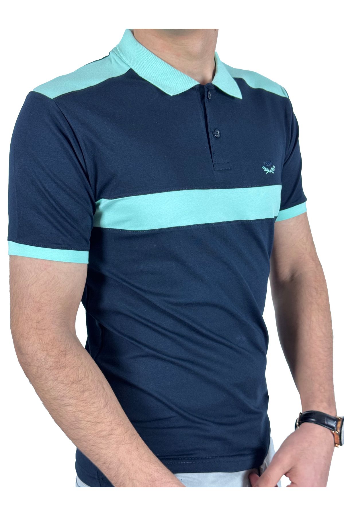 YSBM Erkek Lacivert Polo Yaka Pamuklu Parçalı Rahat Slim Fit Dar Kesim T-shirt 8488