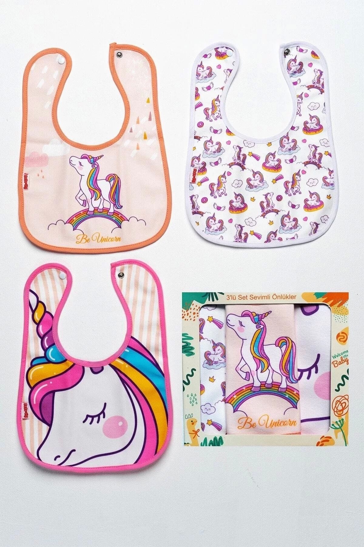 TİMİON Unicorn Temalı Kare 3 Parça Microfiber Mama Önlüğü Kendi Kutusunda (su Geçirmez) Çıtçıtlı