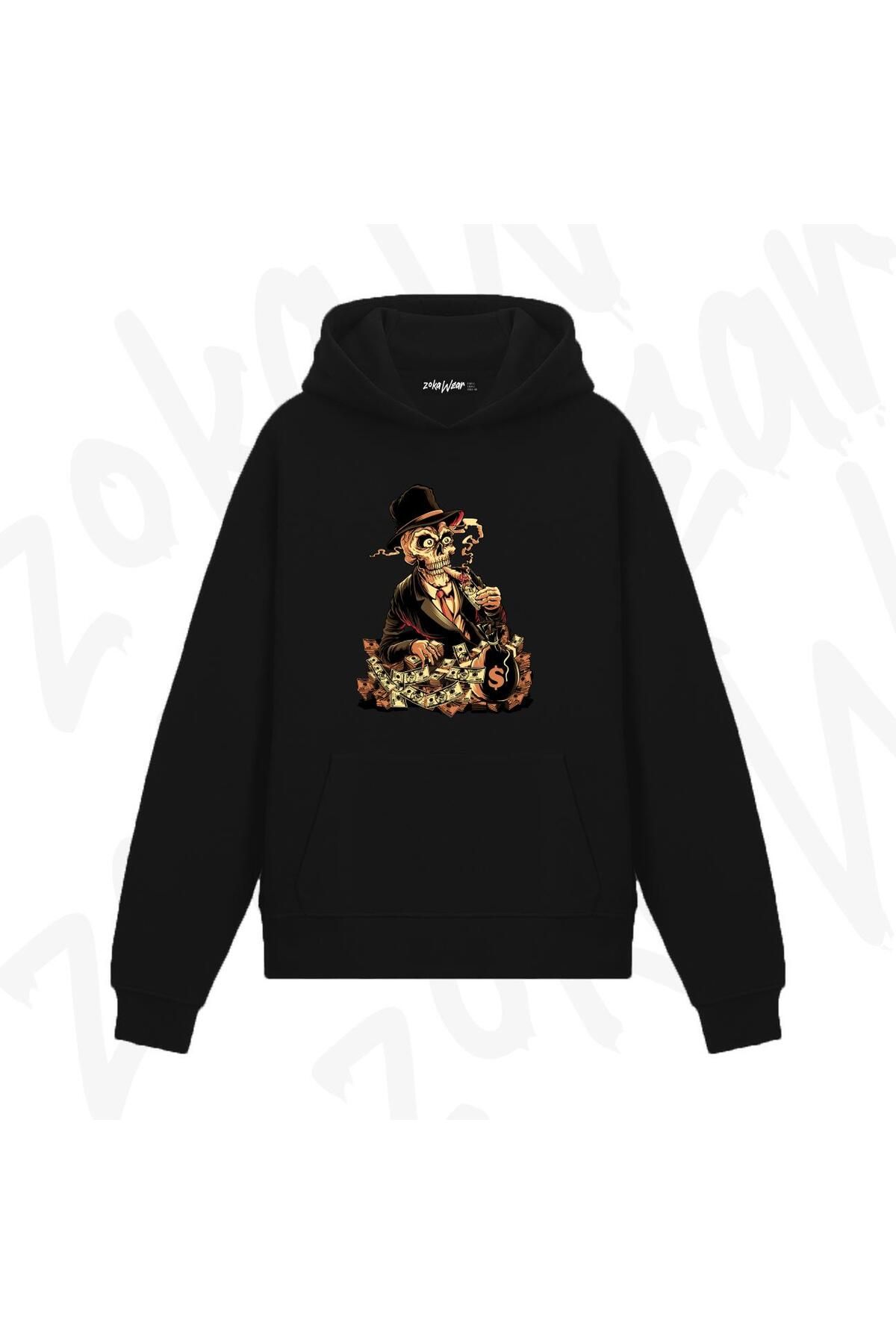 exans Hanorac Cu Glugă Cu Imprimeu Skull Money Dollars Unisex - L