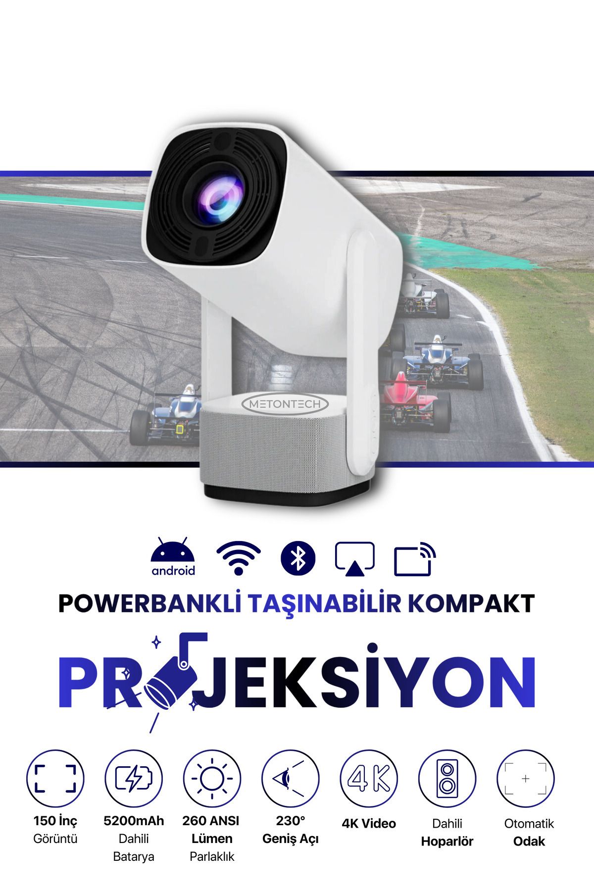 MactivePro Powerbankli Kompakt Taşınabilir Projeksiyon 4K/1080P Dahili Android, WiFi, Bluetooth RGB Led