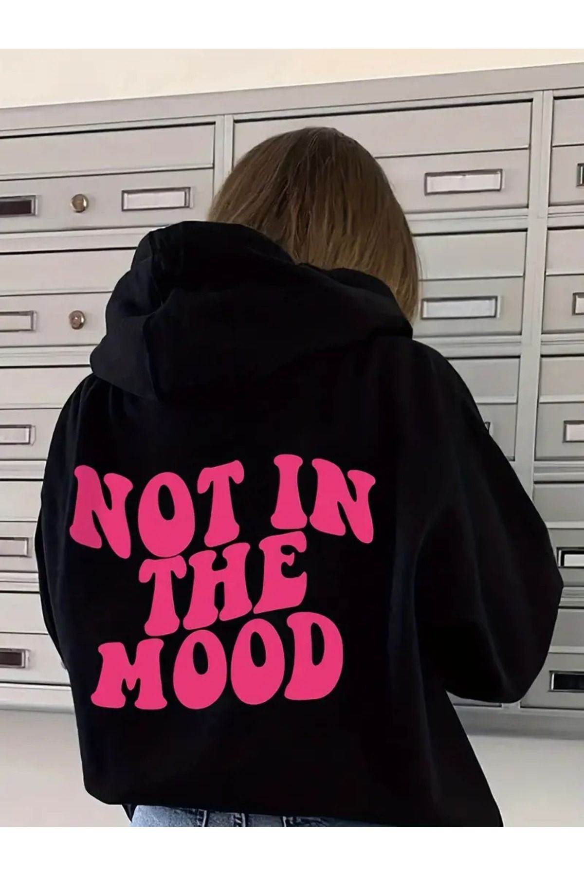 LAND MODA Unisex Siyah NOT IN RHE MOOD Baskılı Sweatshirt