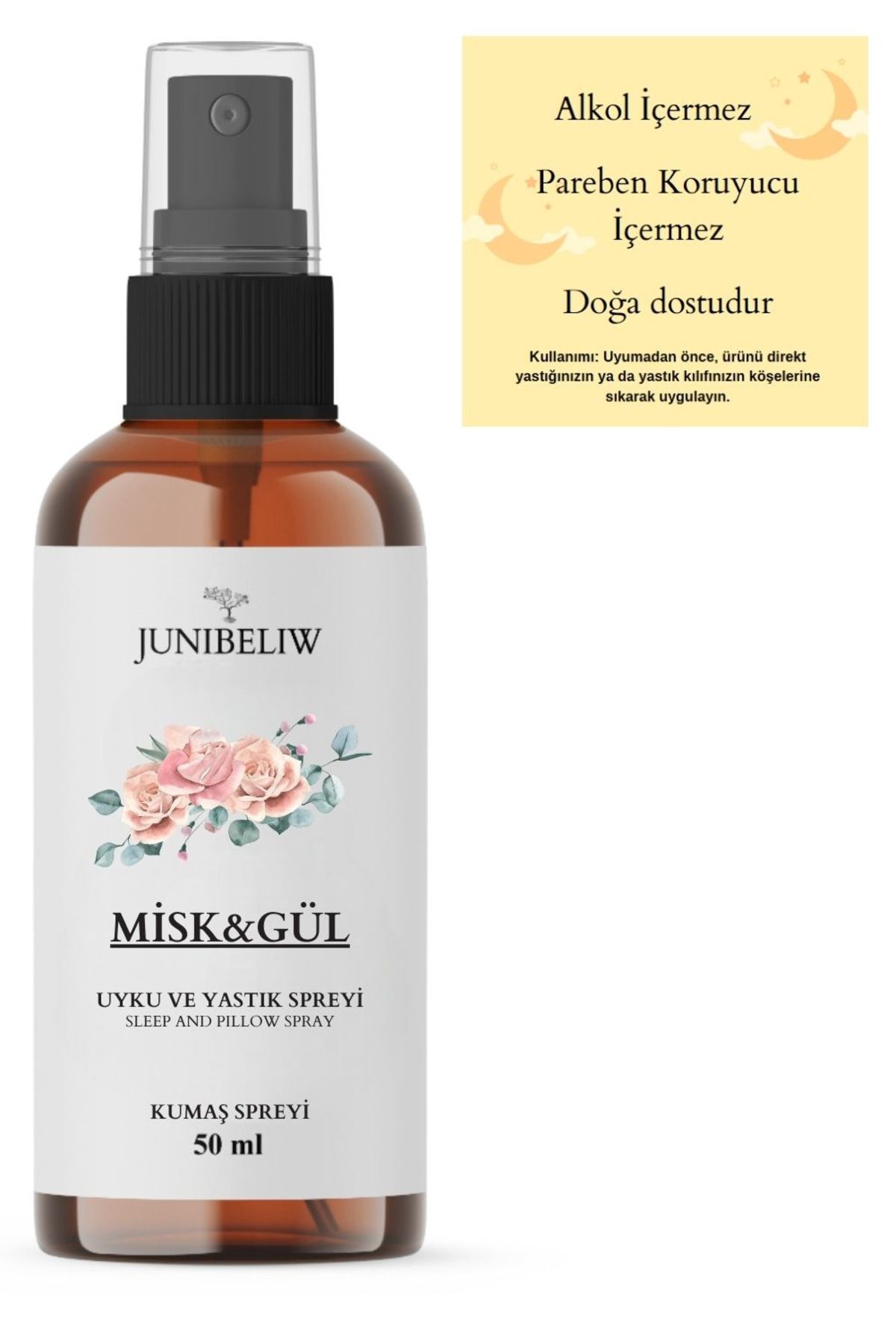 JUIWI Alkolsüz Uyku Ve Yastık Spreyi Doğal Natural Misk Gül 50ml (KUMAŞ IÇİN)