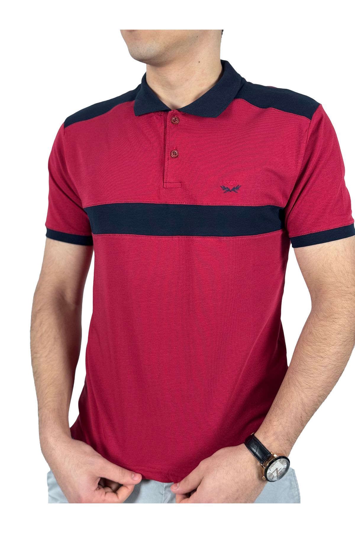 YSBM Erkek Bordo Polo Yaka Pamuklu Parçalı Rahat Slim Fit Dar Kesim T-shirt 8488