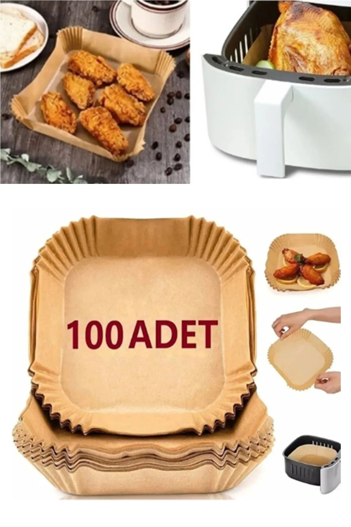 FBZhome 100 Adet Airfryer Pişirme Kağıdı  Hava Fritözü Kare Model Pişirme Kağıdı Airfryer Yağsız Firitöz