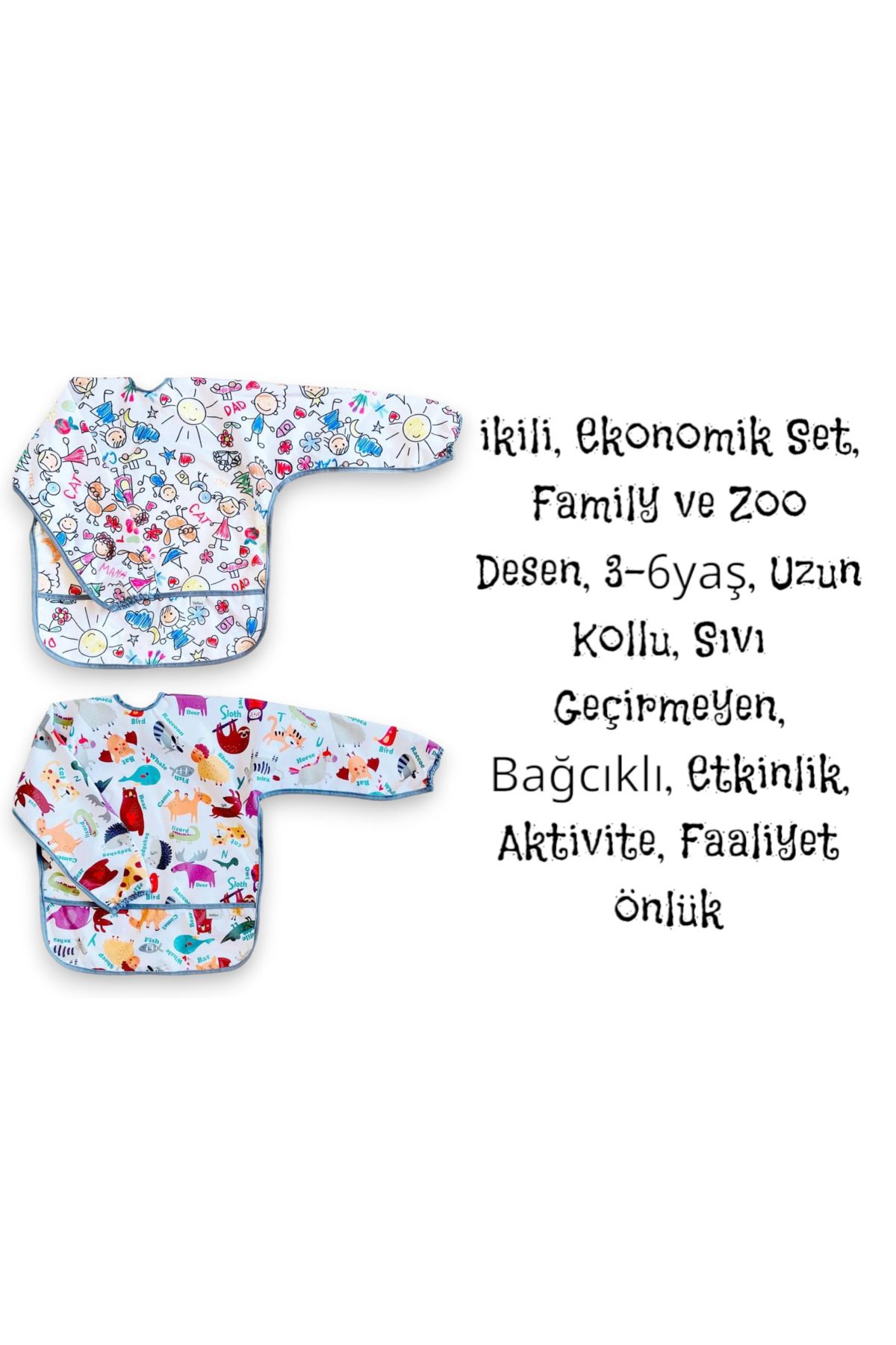 yorni 2 Adet, Ekonomik Set, 3-6yaş, Family ve Zoo Desen, BAĞCIKLI, Uzun Kollu, Sıvı Geçirmez, Mama Önlüğü