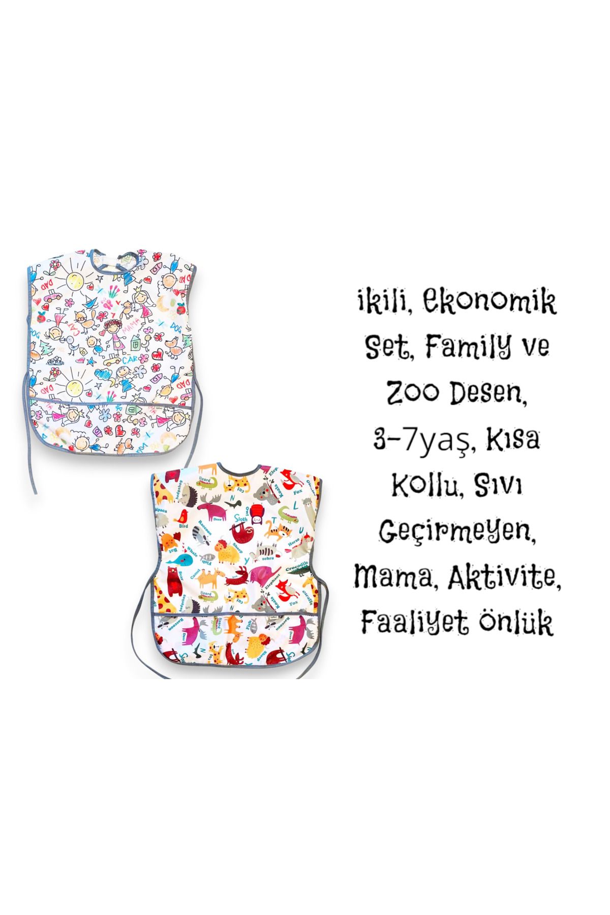 yorni 2 Adet, Ekonomik Set, 3-7yaş, Family ve Zoo Desen, KISA Kollu, Sıvı Geçirmez, Cepli, Mama Önlüğü