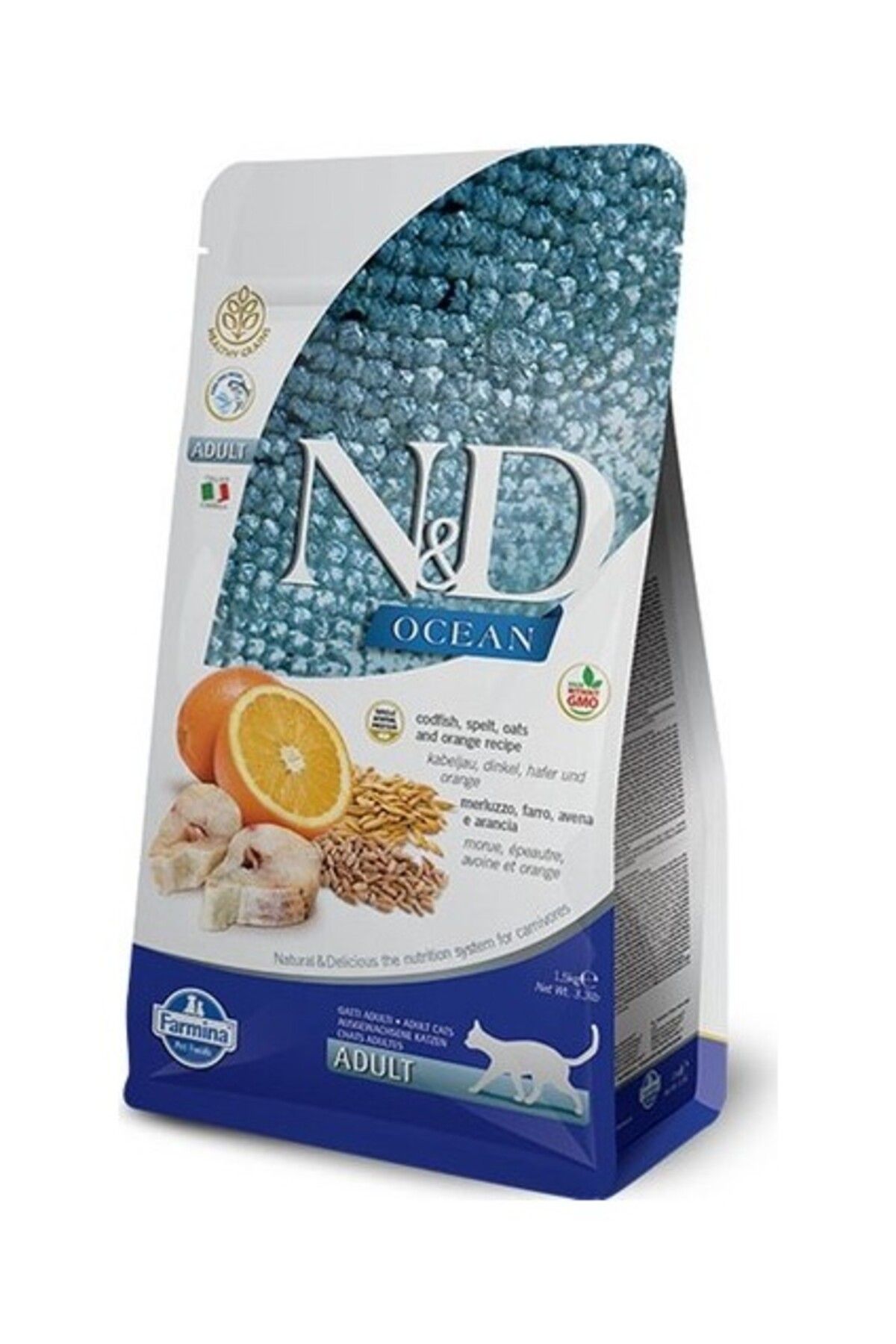 N&D Düşük Tahıllı Ocean Morina Balıklı ve Portakallı Yetişkin Kedi Maması 1 Kg. Metal Açk. Pkt.