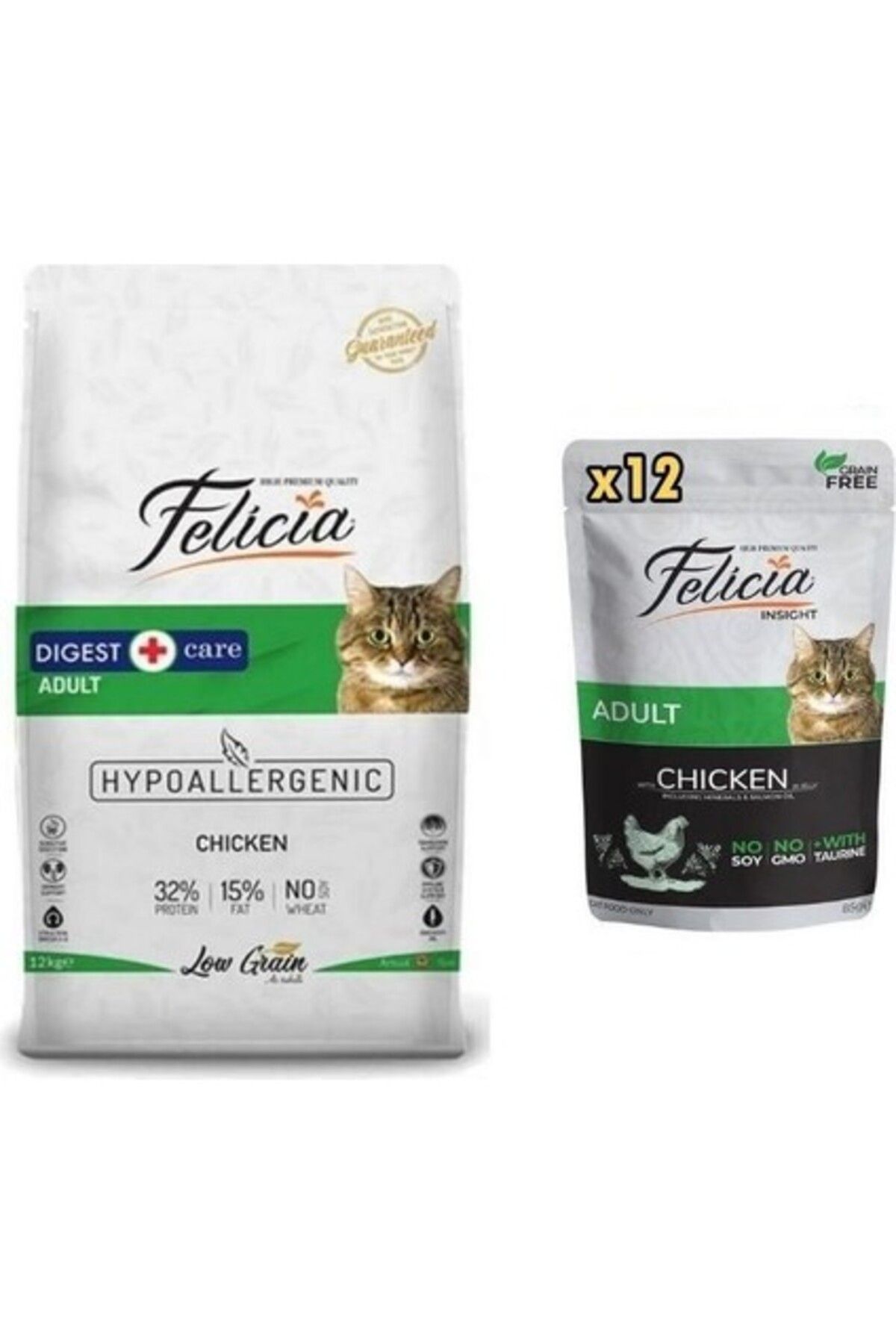 Felicia Tavuklu Yetişkin Kedi Maması 12 kg + Felicia ve Yaş Mama 85 gr x 12 Adet