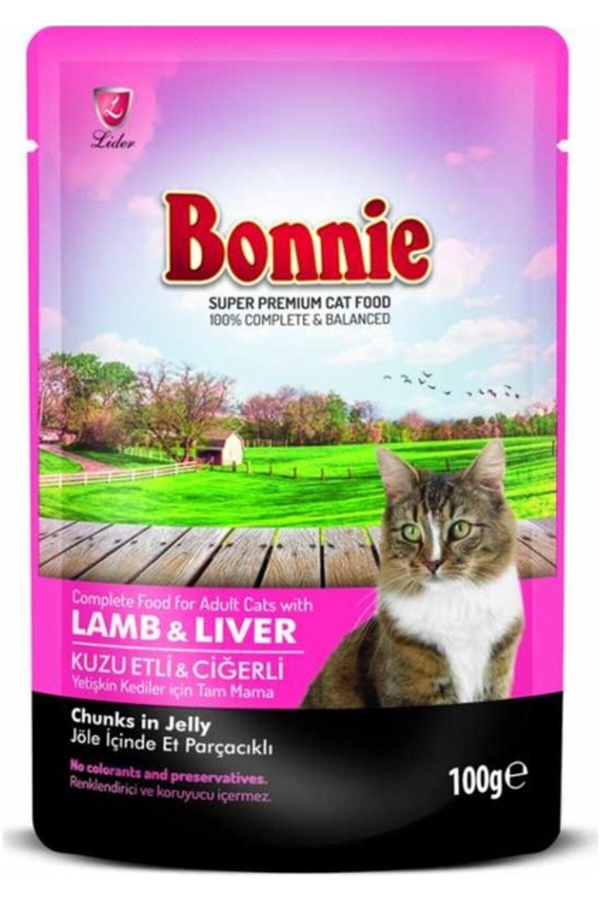 Bonnie Pouch Kuzu Etli ve Ciğerli Yetişkin Kedi Konservesi 100GR