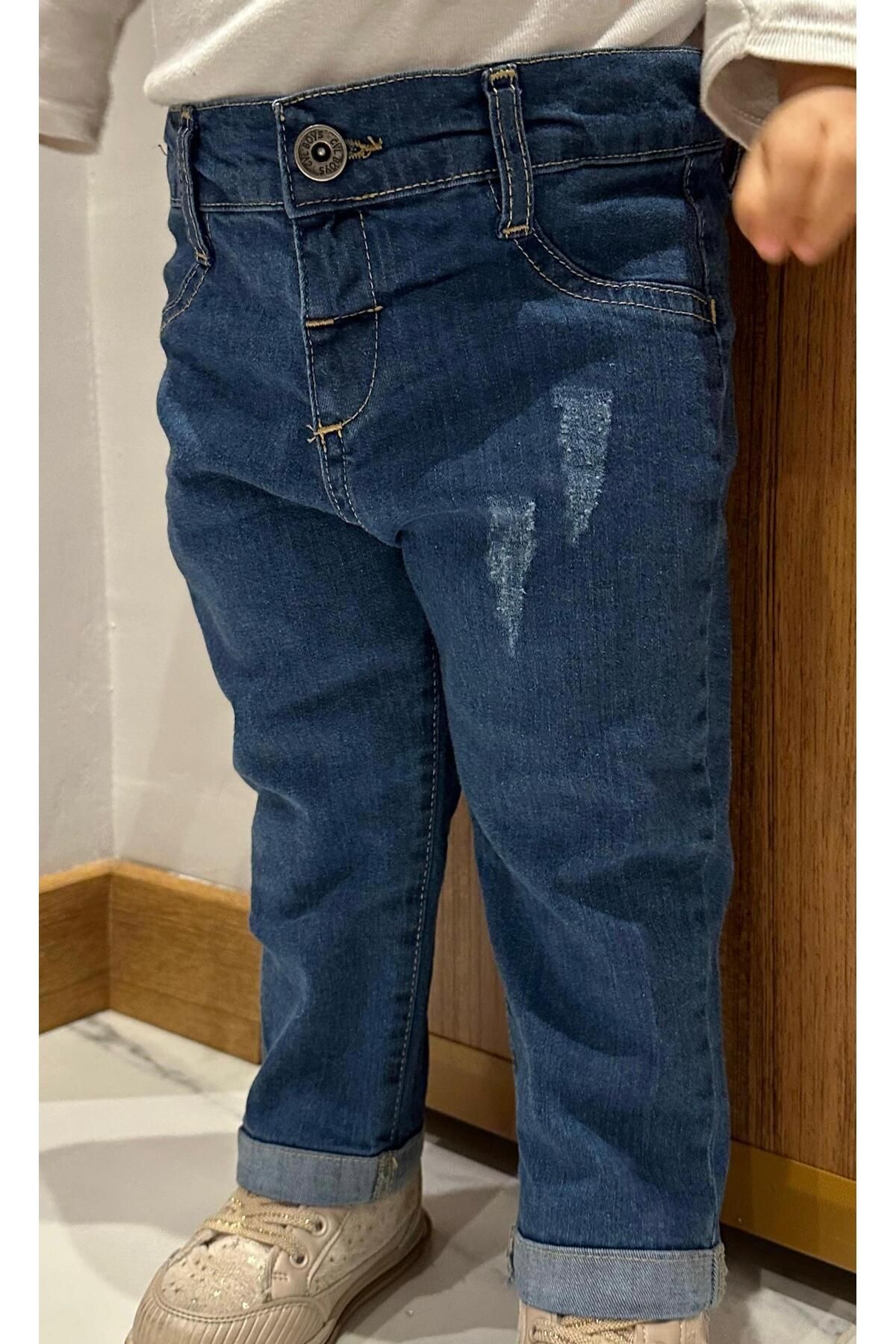 Çocuk Jean Denim Pantolon Likralı Yıpratma Detaylı Beli Ayarlanabilir Lastikli