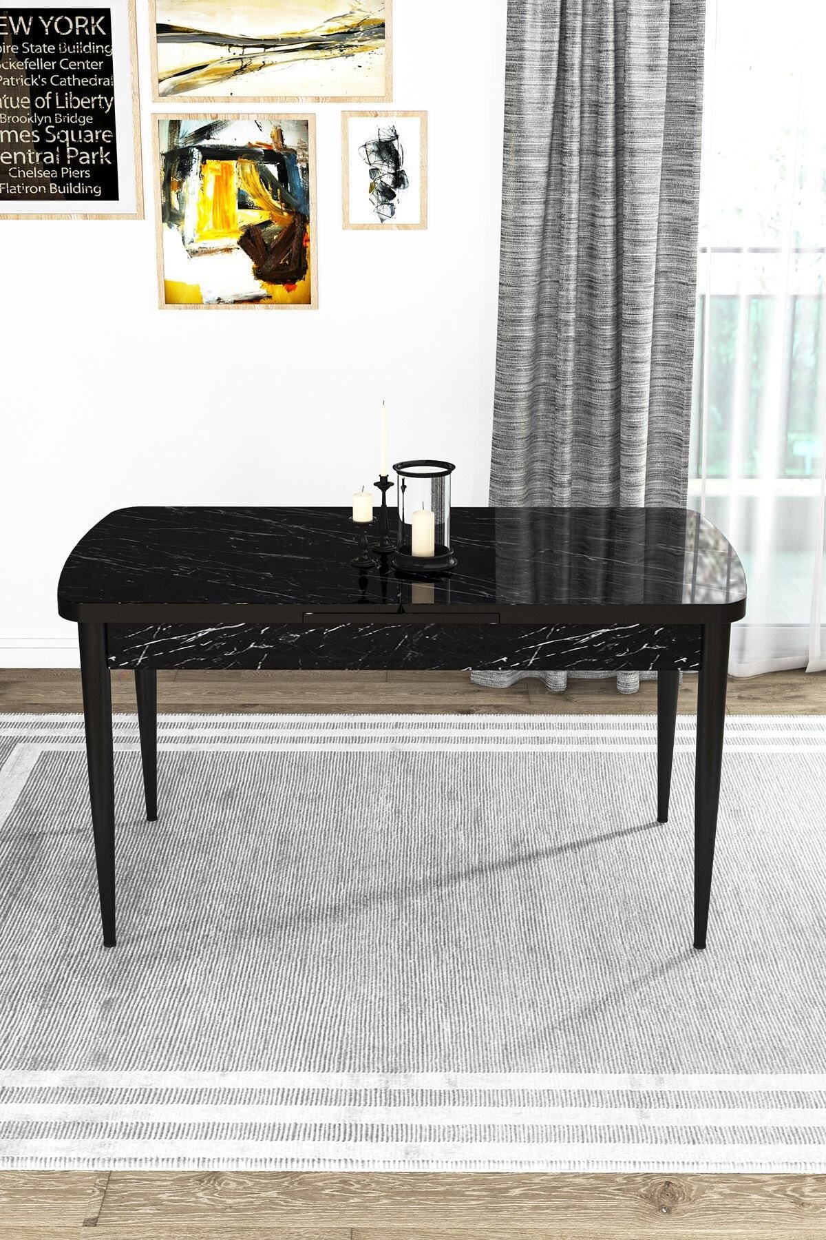 MİLENİUM Siyah Mermer Desen 80 X 132 Mdf Açılabilen Yemek Masası Takımı 6 Adet Sandalye-2