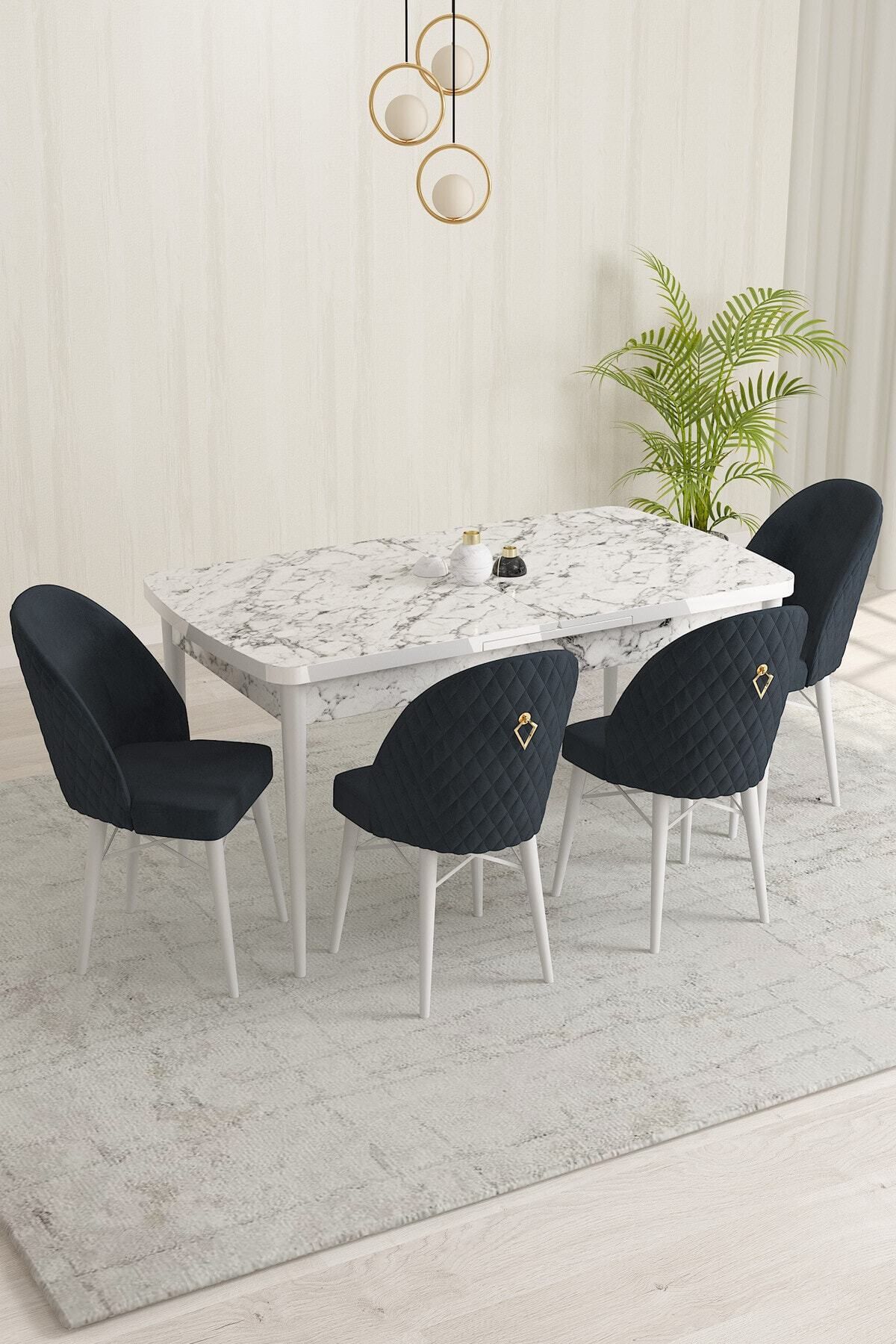 MİLENİUM Beyaz Mermer Desen 80 X 132 Mdf Açılabilen Yemek Masası Takımı 4 Adet Sandalye-0