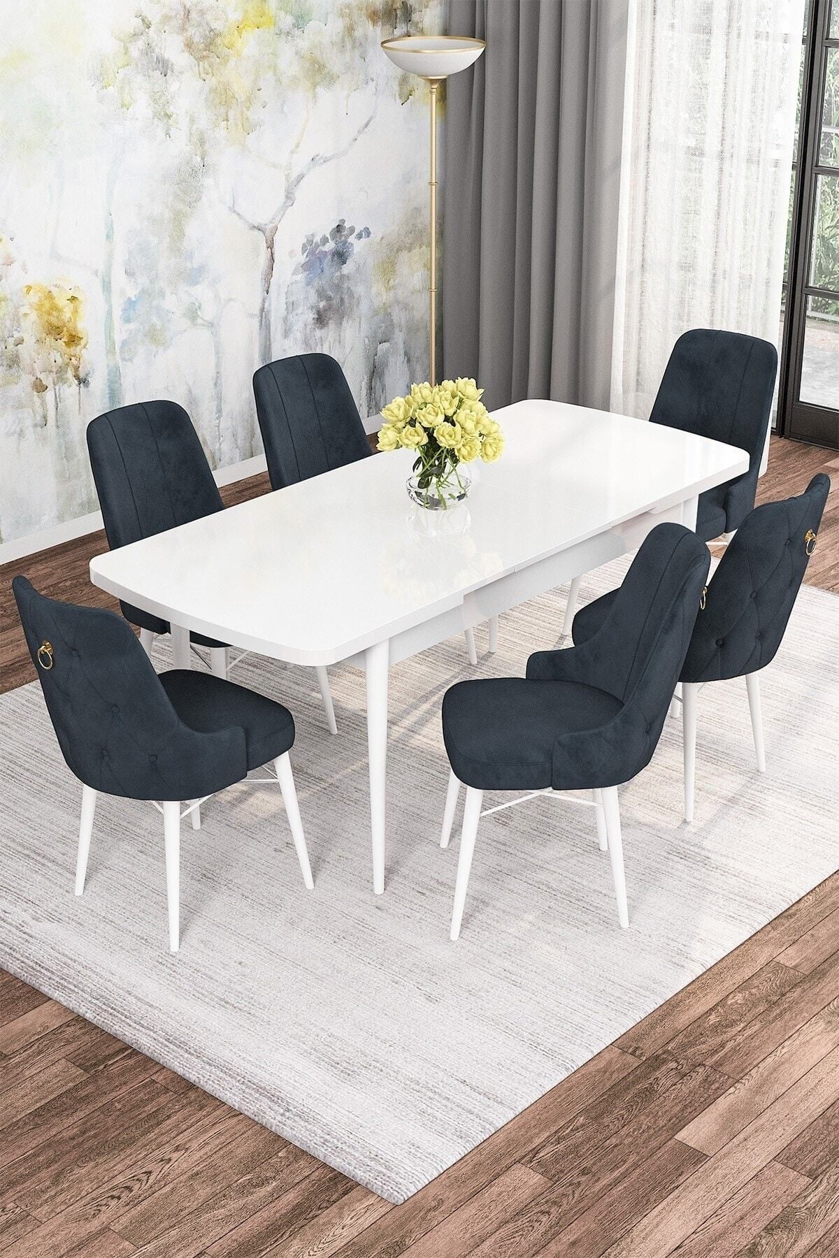 SONATA Beyaz 80 X 132 Açılabilen Mdf Mutfak Masası ( Takım Halinde ) 6 Adet Sandalye-1
