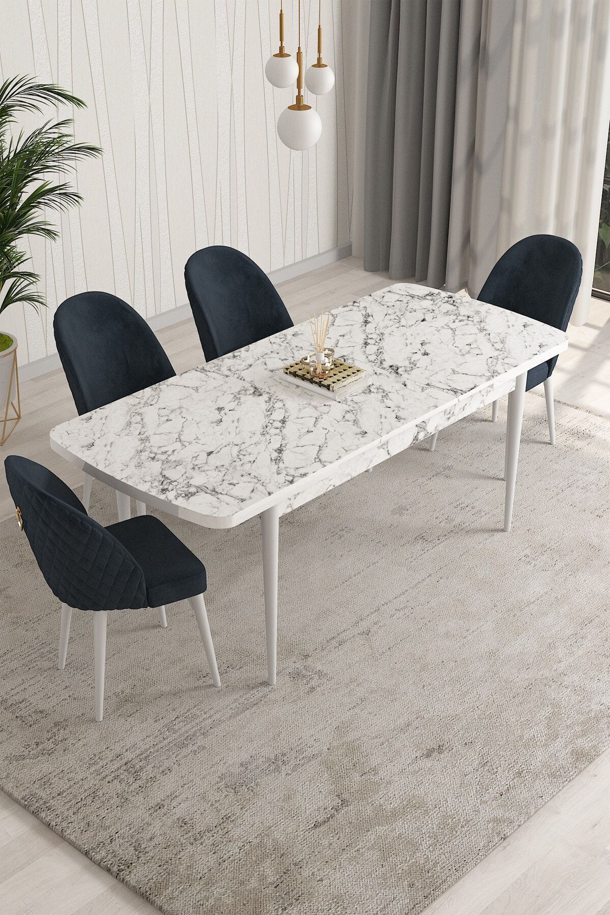 MOSKOV Beyaz Mermer Desen 80 X 132 Açılabilen Yemek Masası Takımı 4 Adet Sandalye-1