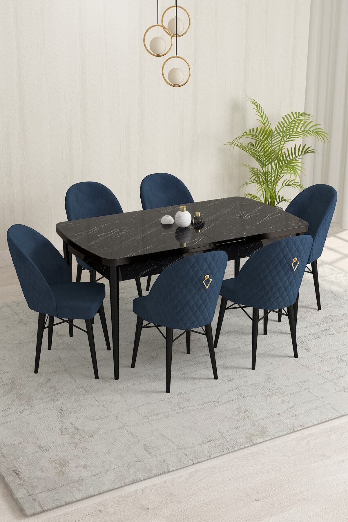 MİLENİUM Siyah Mermer Desen 80 X 132 Mdf Açılabilen Yemek Masası Takımı 6 Adet Sandalye-0