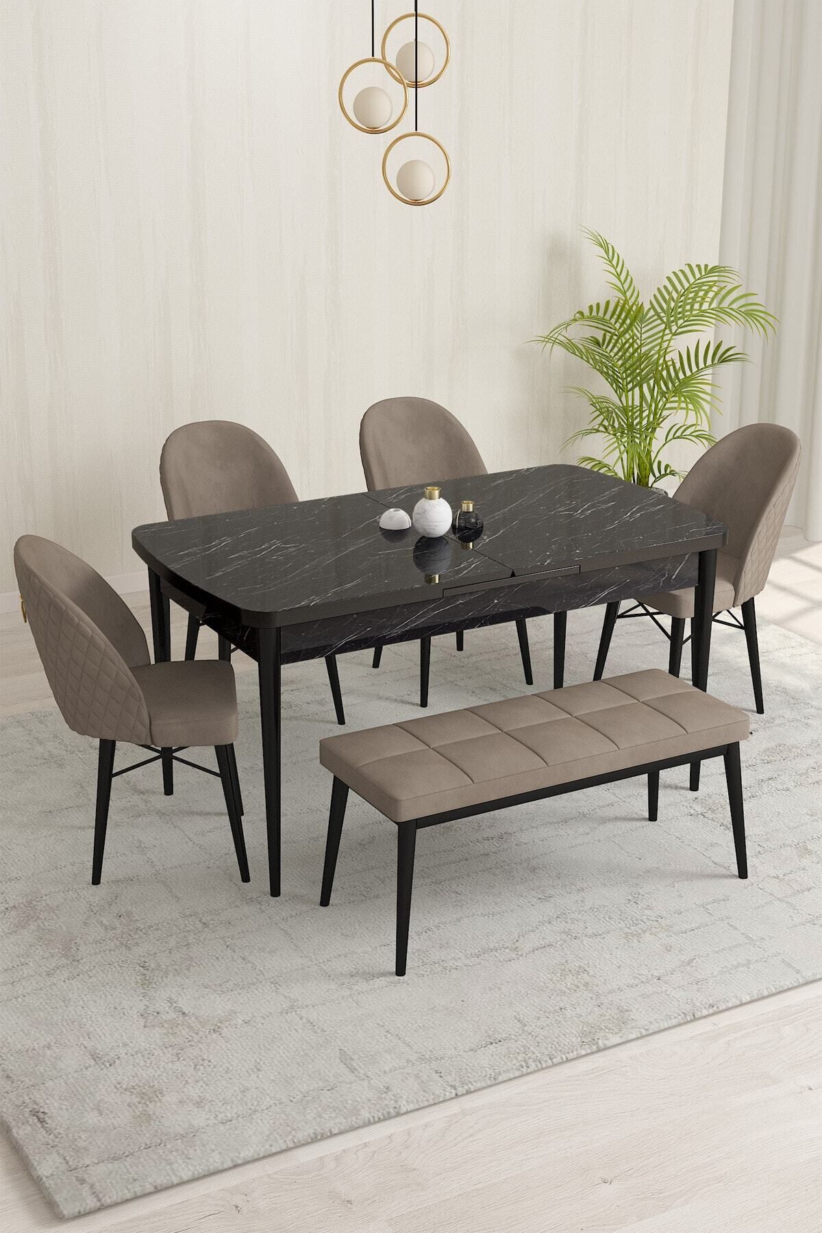 MİLENİUM Siyah Mermer Desen 80 X 132 Mdf Açılabilen Yemek Masası Takımı 4 Sandalye, 1 Bench