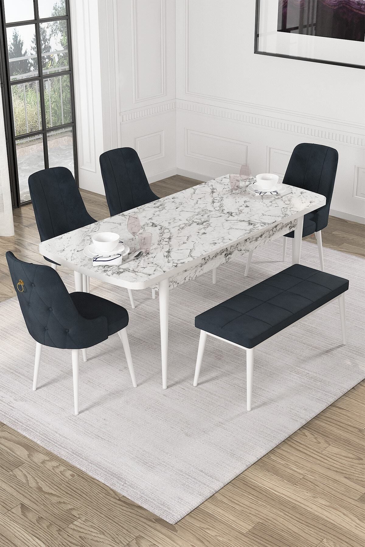 Mechta Beyaz Mermer Desen 80 X 132 Mdf Açılabilen Yemek Masası Takımı 4 Sandalye, 1 Bench-1