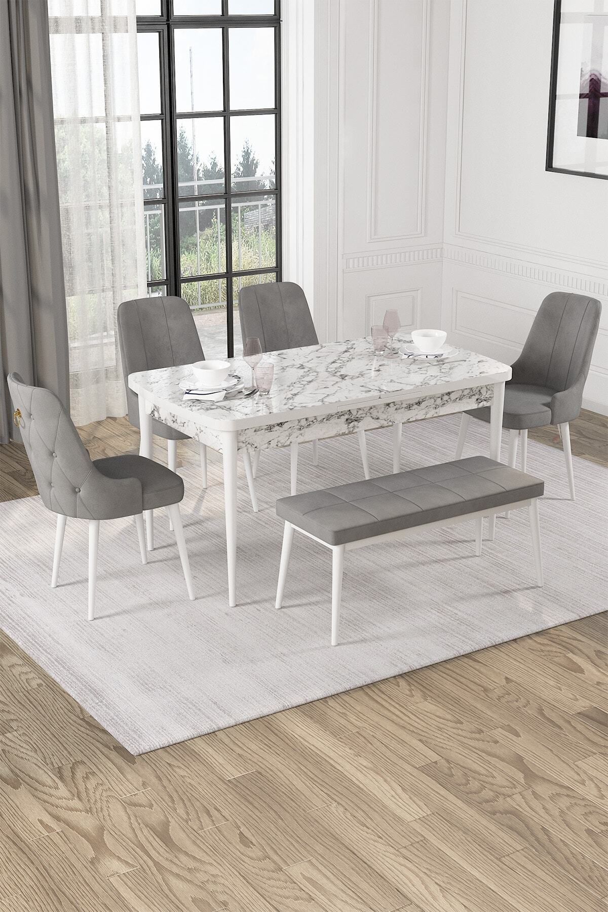 Mechta Beyaz Mermer Desen 80 X 132 Mdf Açılabilen Yemek Masası Takımı 4 Sandalye, 1 Bench-0