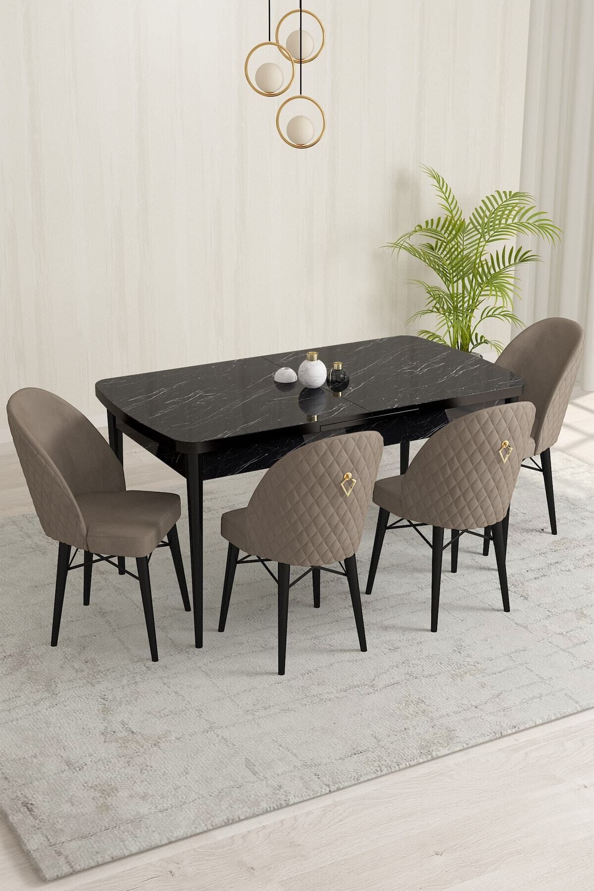 MİLENİUM Siyah Mermer Desen 80 X 132 Mdf Açılabilen Yemek Masası Takımı 4 Adet Sandalye-0